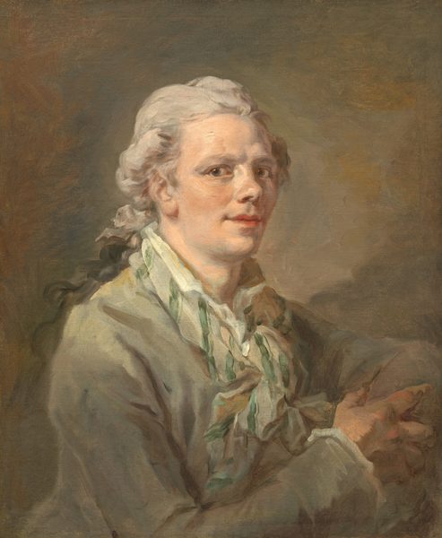 The painting depicts a man looking towards us, his body slightly turned to the right. He has fair skin, prominent cheekbones, an upturned nose, and red lips in a slight smile. His light gray curly hair has been put in a low ponytail at the back of this neck. He is dressed in a pale green garment with a striped green scarf around his neck. His hands are on the right, holding an indistinct gray object. The background is a mix of brown and gray tones.