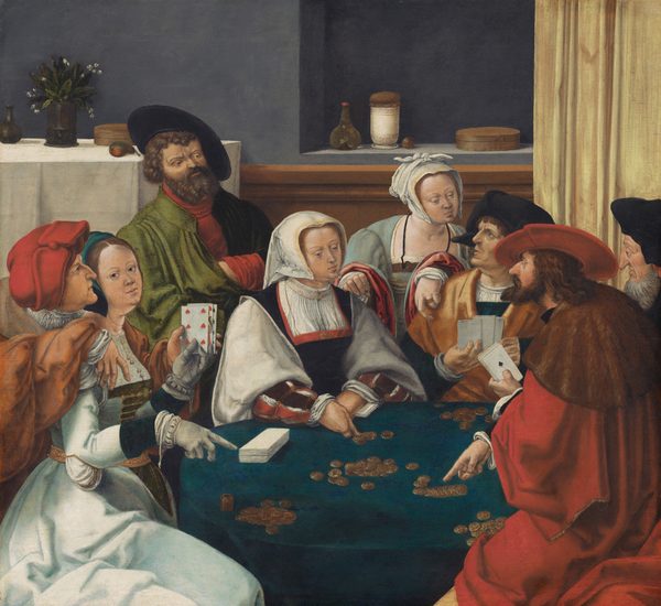 Three women and five men play cards around a round table covered with piles of gold coins in this square painting. The people all have pale skin. The women have round faces, close-set, small eyes, delicate noses and lips, and cleft chins. They wear dresses with tight bodices and long sleeves, and cloth head coverings. The men have prominent, bumped noses, furrowed brows, and lines around their eyes. They wear hats and voluminous robes and coats in shades of ruby red, moss green, golden brown, and black. Two women and two men play cards, and each has a second person behind them or at their shoulders. The woman along the left edge of the painting wears gloves, and she looks out at us. She points at the table or at the space between her and another card player. She holds her cards up so the six of hearts at the front is visible in front of a face card of hearts and a card with spades. A clean-shaven man standing behind her stoops and drapes his arms across her shoulders, one hand limp and gesturing with a three and the other hand cupping the woman’s cards. He looks across the table. The next player is also a woman, who rests one wrist on her face-down cards on the table. She counts out coins with her other hand, and the bearded man behind her stands with one hand tucked into the opening of his robe, leaning back as he looks across the table. Next, a clean-shaven man holds three cards up to his chest as he turns to look to our left, his brows gathered and lips parted. A woman stands between these two players with a hand draped over each of their shoulders. She peers down at the man’s cards and makes a number two with that hand. Her other loose fist rests on the shoulder of the second female card player. The final pair, along the right edge of the painting, are two men. The card player holds his cards so we see the ace of spades at the front. He points at a row of coins or toward the gap left between him and the woman to our left. He leans forward and looks intently, chin jutted out, at the man with his hand tucked into his robe. A man with a long gray beard sits just over the fourth player’s shoulder and appears to look across the scene absently with heavy-lidded eyes. The round table is covered in a teal-blue cloth. A rectangular sideboard in the back left of the room is covered with a white cloth and holds a vase of white flowers, a vessel, a wooden basket, and a piece of fruit. The wall behind this is gray along the top and wood-paneled below. An alcove in the wall to the right holds two vessels, a round gold-colored, plum-sized object, and another basket. A pale yellow curtain is pulled to the right side of that alcove.