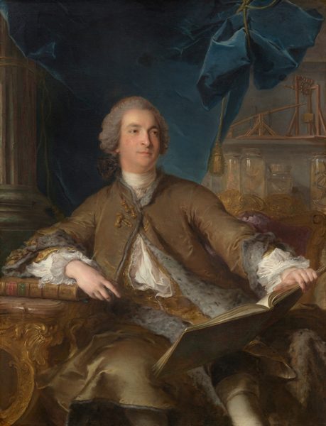 This painting depicts a man seated on an ornate chair, looking to the right. He has fair skin, grey curly hair, and is wearing a brown coat with gold trim and gray fur over a frilly white shirt. He is holding a large book open with his left hand, and his right hand rests on a stack of books. In the background, there is a blue drapery that partially obscures shelves with scientific equipment and glass jars. There is a dark gray column on the left.