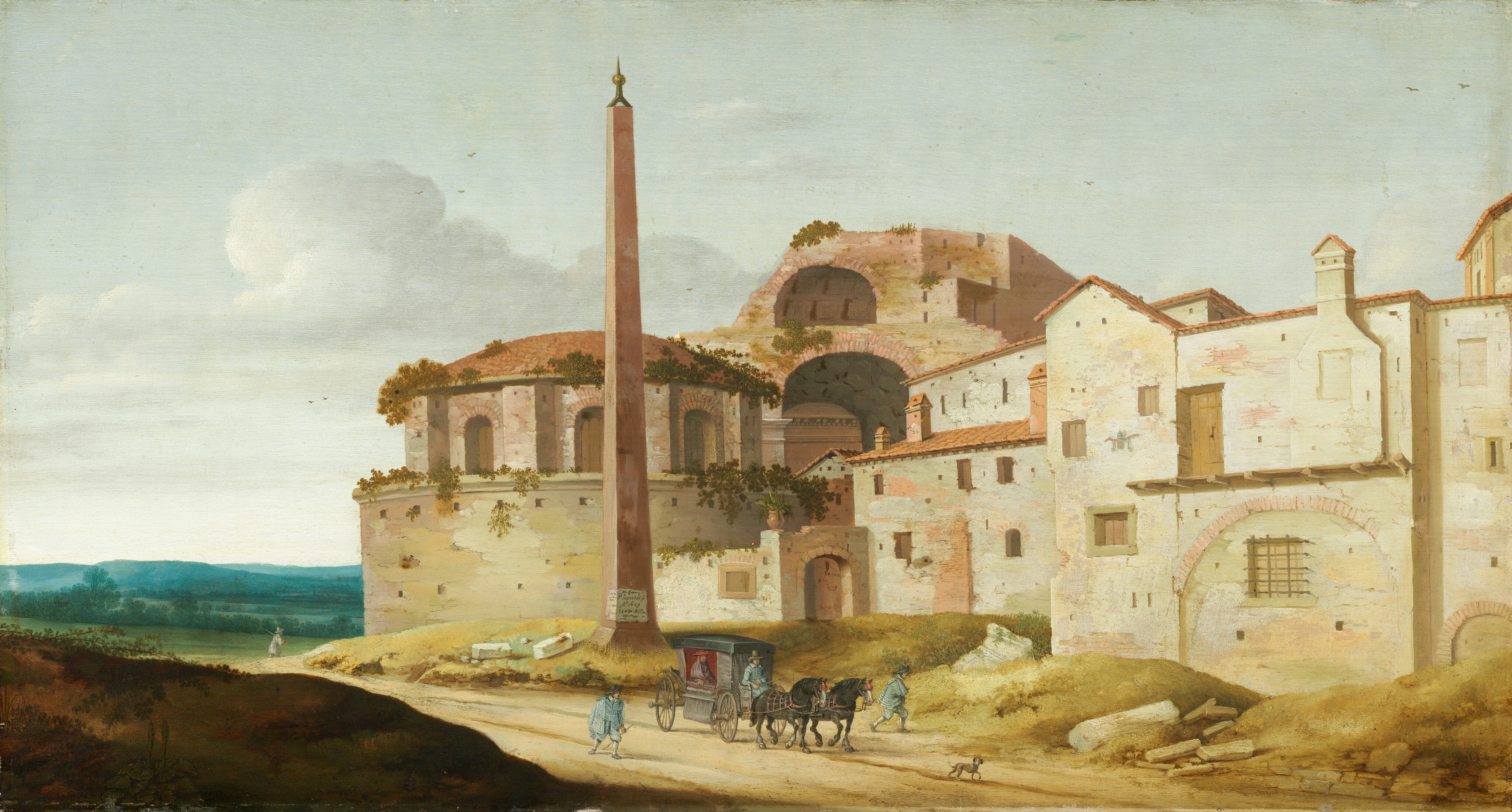 A sand-colored church dominates the right two thirds of this canvas in this horizontal landscape. Low-lying blue-green mountains recede into the deep distance to our left. To our right, the building is made up of staggered, squared-off walls with rectangular windows set at seemingly irregular intervals. To the left and near the center of the composition, a circular building has a low domed roof. Plants growing on the building suggest that this is a ruin. A tall obelisk stands in front of the round portion of the church, to the left of center in the composition. We look into the arched ruins or construction of another building behind and above the church. A dirt road crosses diagonally from our left to right in front of the structure. A person wearing a red hat and purple robe sits inside a carriage drawn by two black horses. The driver wears a blue uniform, as do two men walking alongside the carriage.