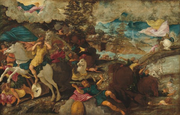 About two dozen, light-skinned men and more than a dozen horses tumble across a rocky shore along a body of water, all against a deep landscape in this horizontal painting. At the bottom center of the canvas, a bearded man, Saint Paul, wears a teal-blue tunic and coral-pink cape, and he lies sprawled across a short set of gray, stone steps, perhaps a fragment from a building. With his head to our left, his body is tipped toward us and his arms are raised, palms facing out, as he looks back and up. He wears a thick gold chain around his neck, and the gold hilt of a sword hangs from his gold belt. A round gold shield is propped on the steps, and other pieces of armor, including a silver helmet and sleeve, are strewn in the grass nearby. To our left, a man wearing a mustard-yellow tunic and teal-blue cape rides a rearing white horse. The rider clutches his own head with both hands. Behind this horse and rider, men wearing emerald green, butter yellow, peach, or blue and metal helmets struggle around brown or white horses. To the right of Saint Paul, a chestnut-brown horse crouches near the edge of a river, and several men and more horses flail in the water. A pebbled path running behind Saint Paul leads to a low, arched bridge that spans the river and extends off the right edge of the composition. Carrying billowing, triangular flags in pale peach, pink, and yellow, men ride and push at a pair of rearing horses on the bridge. To our right, the river winds through a deep, mountainous landscape. To our left, yet more men and horses spill down a flight of stone stairs leading up to a bank of parchment-white clouds that span the sky in the top third of the painting. A bearded, blond man at the upper left corner, wearing rose pink and royal blue, stretches out across the clouds to gesture with an open palm to the landscape below.
