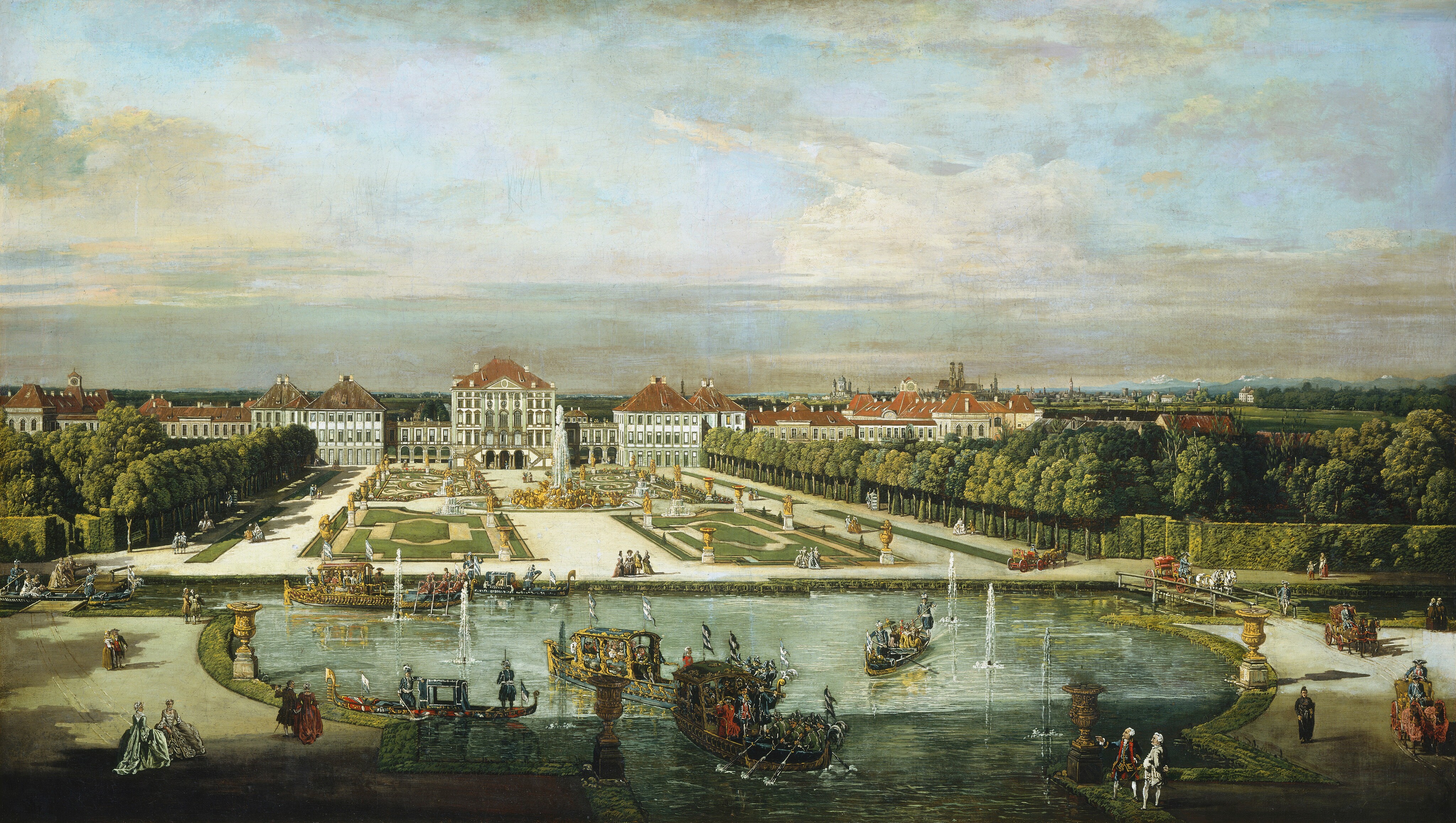 This painting is of a garden landscape in front of a large palace, seen from an elevated perspective. At the bottom of the painting is a large body of water with several fountains shooting up and large boats filled with people rowing across the surface. On either side of the pond are wide gray roads with people and horse-drawn carriages walking across them. Behind the body of water is a garden with large golden statues scattered around, and a large golden fountain in the center. On either side of the garden are rows of green trees and manicured hedges. The garden leads up to the palace, which stretches horizontally across almost the entire image. The palace is white with some light green columns, and the roof is a reddish-brown color. Above the palace, the pastel blue sky is covered with white and gray clouds.