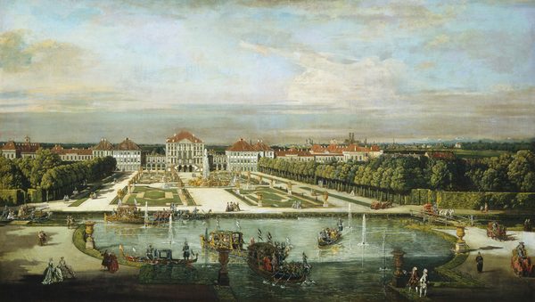This painting is of a garden landscape in front of a large palace, seen from an elevated perspective. At the bottom of the painting is a large body of water with several fountains shooting up and large boats filled with people rowing across the surface. On either side of the pond are wide gray roads with people and horse-drawn carriages walking across them. Behind the body of water is a garden with large golden statues scattered around, and a large golden fountain in the center. On either side of the garden are rows of green trees and manicured hedges. The garden leads up to the palace, which stretches horizontally across almost the entire image. The palace is white with some light green columns, and the roof is a reddish-brown color. Above the palace, the pastel blue sky is covered with white and gray clouds.