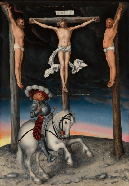 An armored man on horseback looks up at the middle of three men hanging on rough-hewn wooden crosses placed along on a low, stony hill against a dark sky in this vertical painting. All the people have pale skin, and the crucified men wear white loincloths wrapped around their hips. The man on the central cross, Jesus, has a close-cropped beard and a ring of thorns around his scraggly, reddish-brown hair. His head tilts to our left and his eyes roll up under knit brows, his mouth slack. His long loincloth swirls in the wind on either side of his knees. Each hand is nailed to the cross, and his overlapping feet are nailed with a third. The letters “INRI” are inscribed on a strip of paper above the cross. The men on the other crosses have more tanned skin and the crosses are angled inward to face Jesus. Both men have reddish beards and short hair, and their loincloths are tightly tied. The man to our left has a lean build and looks at Jesus so is seen in profile. The man to our right turns his head away, to face us, and has a heavier build. At the foot of the central cross, the silvery-gray horse faces our right in profile as it rears up with its front legs lifted. The rider wears pewter-gray armor with a ruby-red, wide-brimmed hat with a ring of puffy, white feathers along its edge. The rider has short, flax-colored hair and a trimmed beard. He looks up at Jesus with mouth open and raises his right hand, with the first two fingers raised. Pleated red fabric hangs from his right hip, and the gold hilt of a sword hangs off the opposite hip. The hill is lunar-gray and scattered with stones. The sky behind the hill and crosses deepens from buttercup yellow along the hill to marigold orange, blush pink, and a wider band of indigo blue. The top half of the sky is filled with heavy, roiling, steel-gray clouds that darken to black along the top edge. A line of German text painted with pale yellow is placed near the horseman’s mouth, and it reads, “WARLICH DISER MENSCH IST GOTES SVN GEWEST.” A second line of text appears near the top center, over Jesus’s cross: “VATER IN DEIN HET BEFIL ICH MEIN GAIST.”