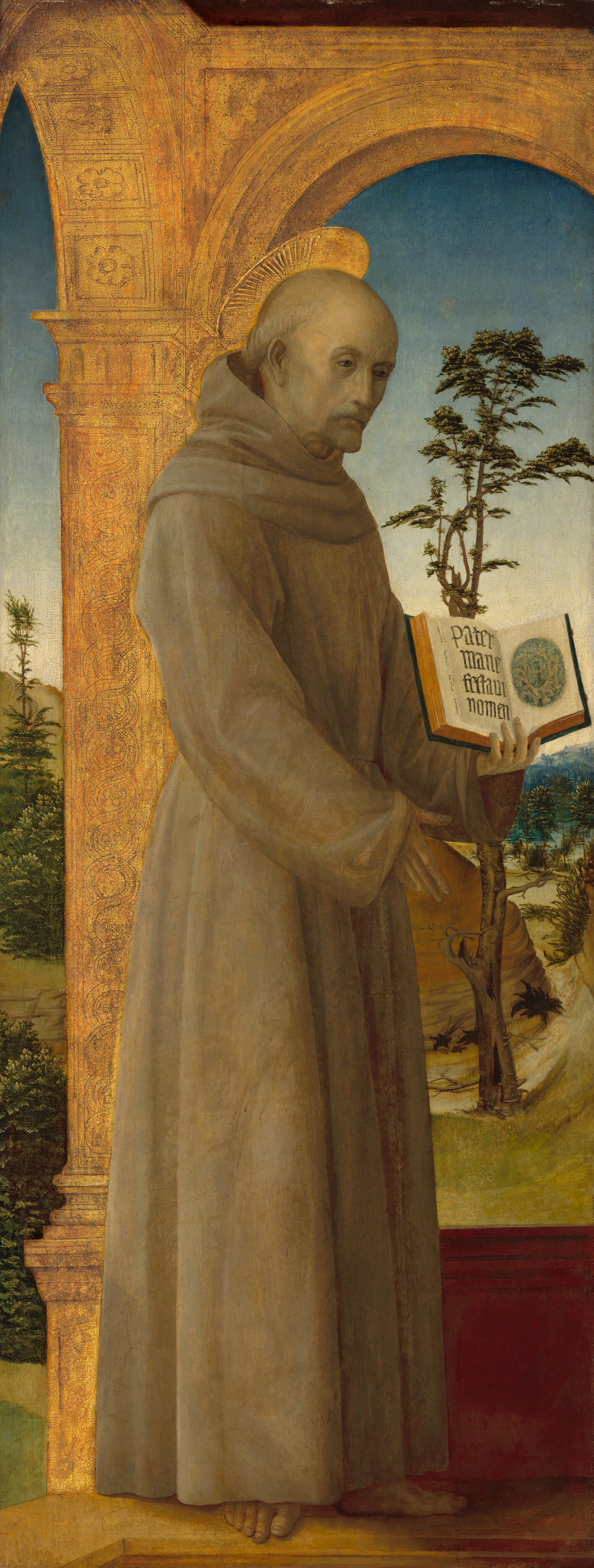 The image shows a person standing barefoot on a tiled surface, holding an open book. The person has a solemn facial expression, short hair, and is wearing a long brown robe with a hood. In the background, there is a golden archway with intricate patterns, leading to a landscape with trees and a clear blue sky.