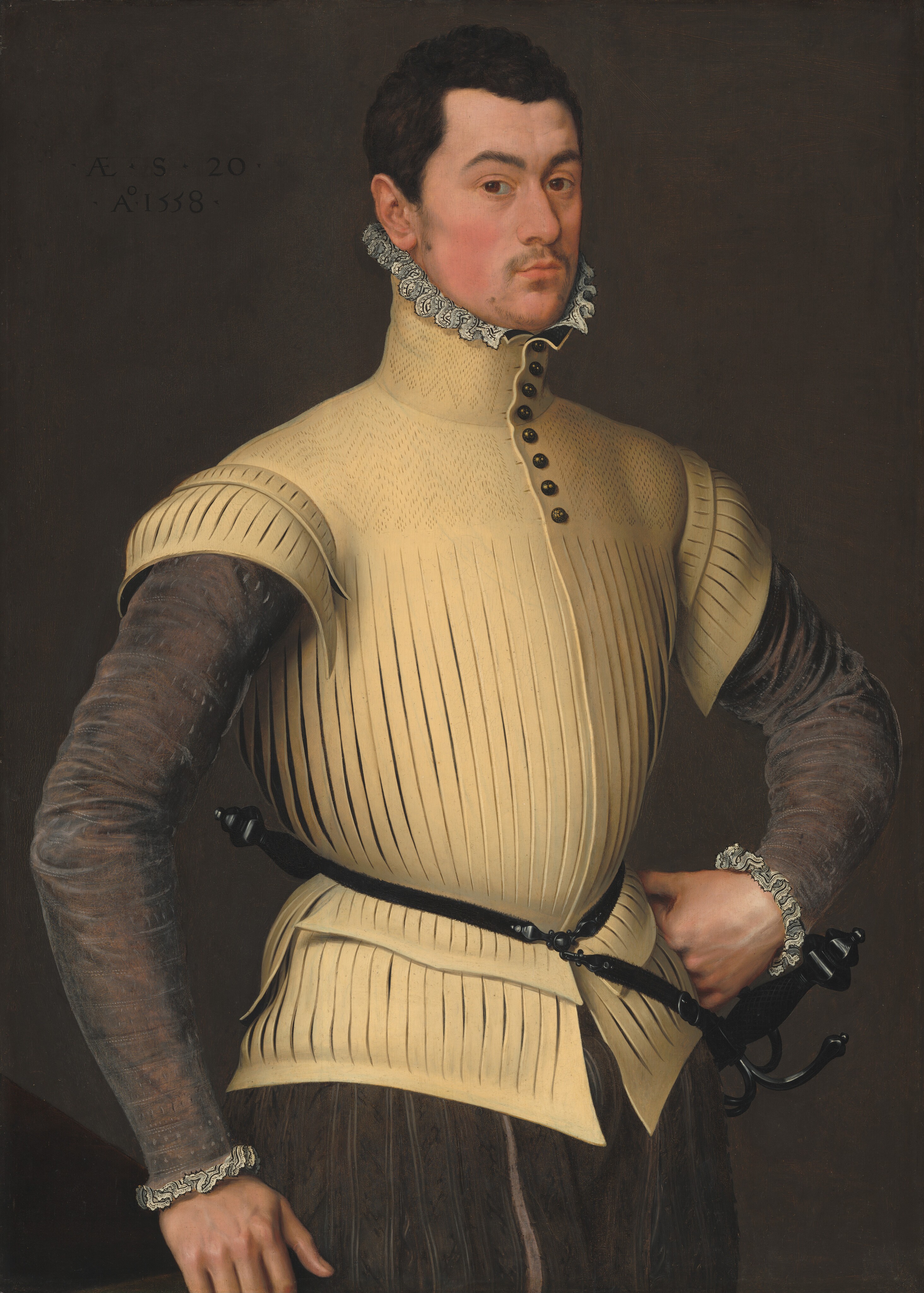 Shown from the thighs up, a man with pale, peachy skin looks at us in front of a dark gray background in this vertical portrait painting. His body and head angle to our right so he looks out of the corners of his brown eyes under dark, cocked brows. He has a rounded nose, flushed cheeks, the suggestion of a goatee, and his full, pale pink lips are closed. His face is nestled in a narrow froth of lace that lines the top of the high collar of his pale yellow jerkin. Eight iron-gray buttons line the front of the collar and continue down onto the chest. The jerkin is slashed vertically down the front and both short, cap sleeves. A black belt fits tightly around his narrow waist and a sword hangs from the far hip. The long sleeves under the jerkin are charcoal gray, as are the puffy tops of his pants, His right elbow, to our left, is slightly bent as his arm rests by his side. The backs of his other fingers rest in a loose fist against his far hip. A dark triangular form in the lower left corner of the painting could be the corner of a dark table. An inscription to the left of the man’s head reads “AE.S.20 Ao. 1558.”