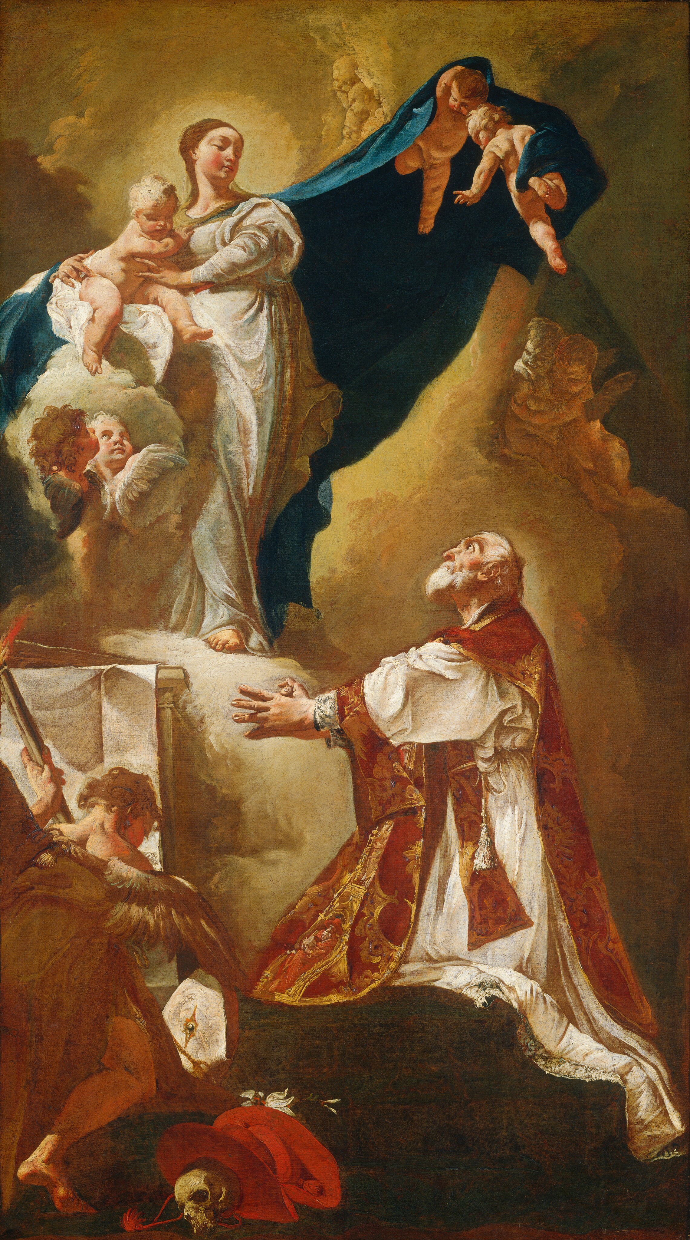 This painting includes two adults surrounded by clouds and winged cherubic figures. In the top left is a woman in a flowing white dress, holding a small child on a pile of clouds next to her. Both she and the child have halos of light around their heads.  They are surrounded by cherubic figures amidst the clouds, two of which hold a large blue cloth that drapes down around the woman and child. In the bottom right, an old man kneels on dark stairs, looking up and the woman and child, his hands clasped and outstretched. The man is dressed a white robe with a red and gold garment draped over his shoulders, a white hat next to him. Near the hat, in the bottom left, another winged person has their back to us and holds a flaming stick. Next to them, on the ground, a white skull lays by a large red hat or satchel. The background is a mix of brown shades with gold and pale-yellow clouds.