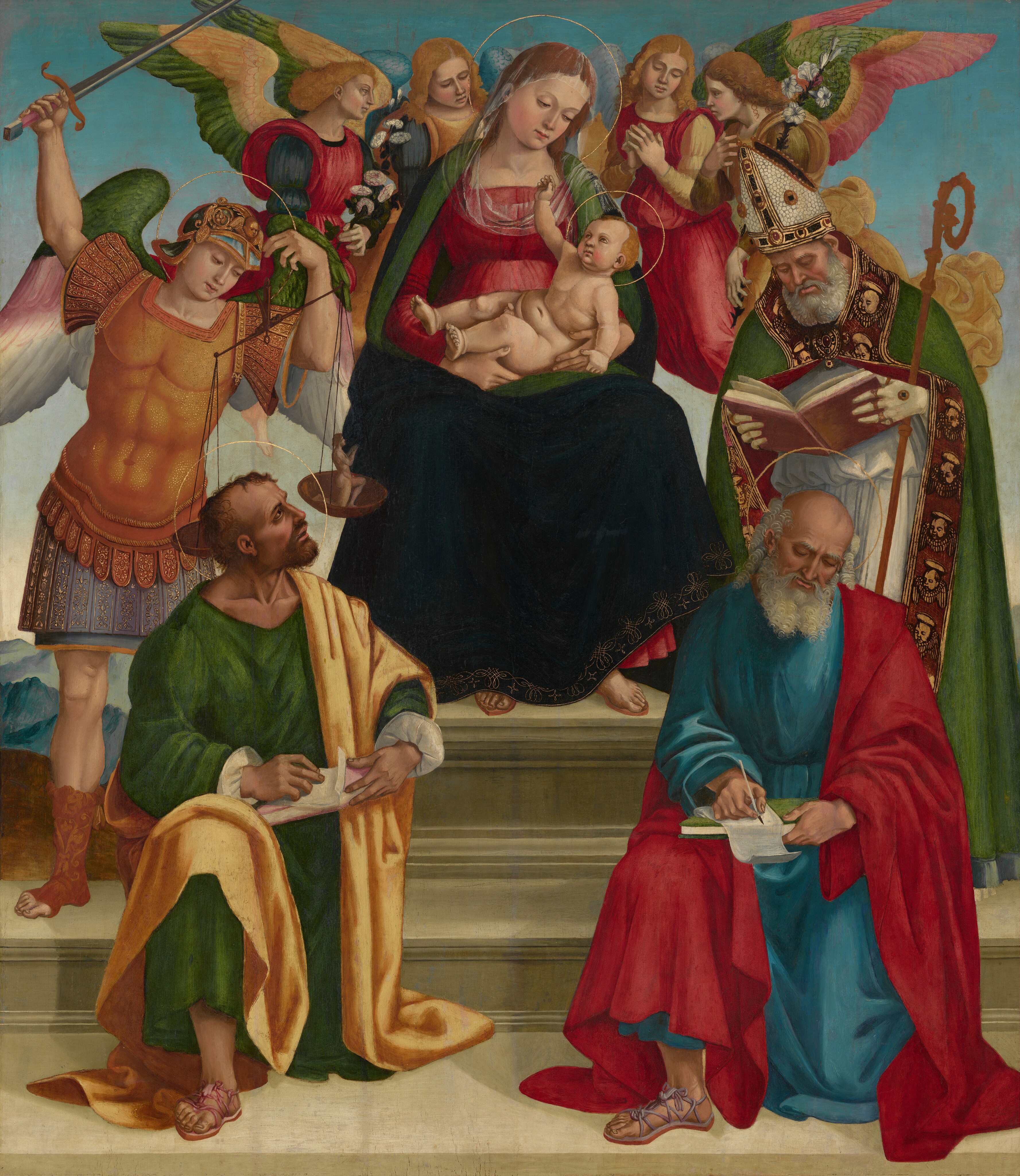 A young woman sitting and holding a nude baby boy is surrounded by winged angels and four men in this vertical painting. They all have pale skin, and the people, not angels, have delicate gold rings as halos. The woman, Mary, sits on a white stone pedestal on a stone step, which spans the width of the painting. Her head tilts to our right as she looks down. Her brown hair is covered with a translucent white veil. She wears a raspberry-pink dress under a midnight-blue cloak lined with pine green. She cradles the chubby baby with both hands. He has round cheeks, a snub nose, and bow-shaped lips. He looks at Mary and reaches toward her face with one hand. Two men stand on the step to either side of her pedestal, and two more kneel at the base of the step. The man at the top left is cleanshaven and has wings striped with grass green, mauve pink, pearl white, and sky blue. He wears a gold helmet, a muscled breastplate, a knee-length, lavender-blue tunic, and gold, shin-high, toe-less shoes. He holds a sword up high with one hand and a scale with the other. A tiny man kneels and prays to Mary in the higher pan of the scale. In front of him, a man with darker, tanned skin, kneels on one leg with his body facing us as he turns his head to look up at Mary and the baby. His brows are furrowed and his lips parted. He has short, curly brown hair and a trimmed beard. He wears a bottle-green robe and a canary-yellow cloak. He holds a piece of paper on a pink book braced against his raised knee. To the upper right, the man standing next to Mary’s pedestal has a long white beard, and he looks down at an open book he holds with both hands. He wears a conical, split hat, a grass-green robe edged with a pattern of haloed, winged baby heads against maroon red. He wears gold rings over white gloves and a white garment underneath the cloak. In front of him, a balding man with a curly white beard and hair also kneels on one leg in front of the step. This man also looks down with lips parted. He holds a book with a moss-green cover with one hand and a pen in the other as he writes on a piece of paper on the book. He wears a cranberry-red cloak over a lapis-blue robe, and both kneeling men wear sandals on the feet we can see. Four winged angels, about half the size of the other people, hover in a line behind Mary, two to each side. They all have long, blond, curly hair. Their wings and robes are painted in shades of red, yellow, blue, and green. The angel to our left holds a spray of white flowers and one to our right holds a branch of white lilies. They all look at Mary or the baby. A sliver of blue, mountainous landscape is visible to our left of the pedestal. The horizon comes about halfway up the composition, so Mary, the angels, and the men standing to each side of the pedestal are mostly outlined against a pale blue sky.