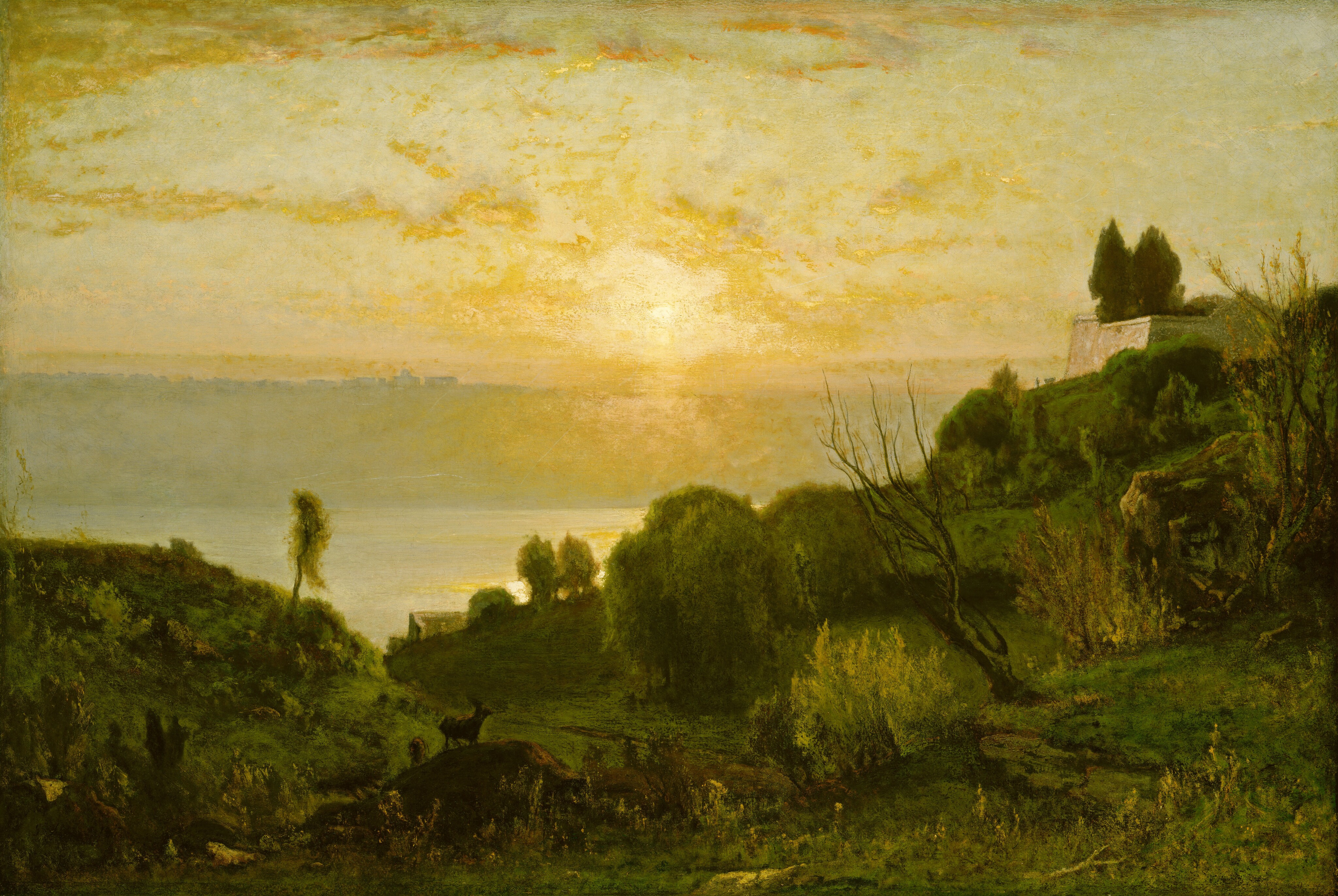 This painting shows a green landscape from an elevated viewpoint. In the distance, light blue water meets a pale-yellow sky, and the sun casts a golden glow over the landscape. Closest to us is a shore covered in overlapping greenery and several round trees. There is a small hill on the right, with a small gray structure sitting atop it. At the bottom, two indistinct brown animals graze on a dirt mound. Behind them, another gray building is tucked away behind bushes and trees. Golden clouds drift across the sky.