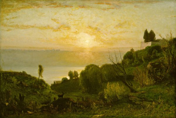 This painting shows a green landscape from an elevated viewpoint. In the distance, light blue water meets a pale-yellow sky, and the sun casts a golden glow over the landscape. Closest to us is a shore covered in overlapping greenery and several round trees. There is a small hill on the right, with a small gray structure sitting atop it. At the bottom, two indistinct brown animals graze on a dirt mound. Behind them, another gray building is tucked away behind bushes and trees. Golden clouds drift across the sky.