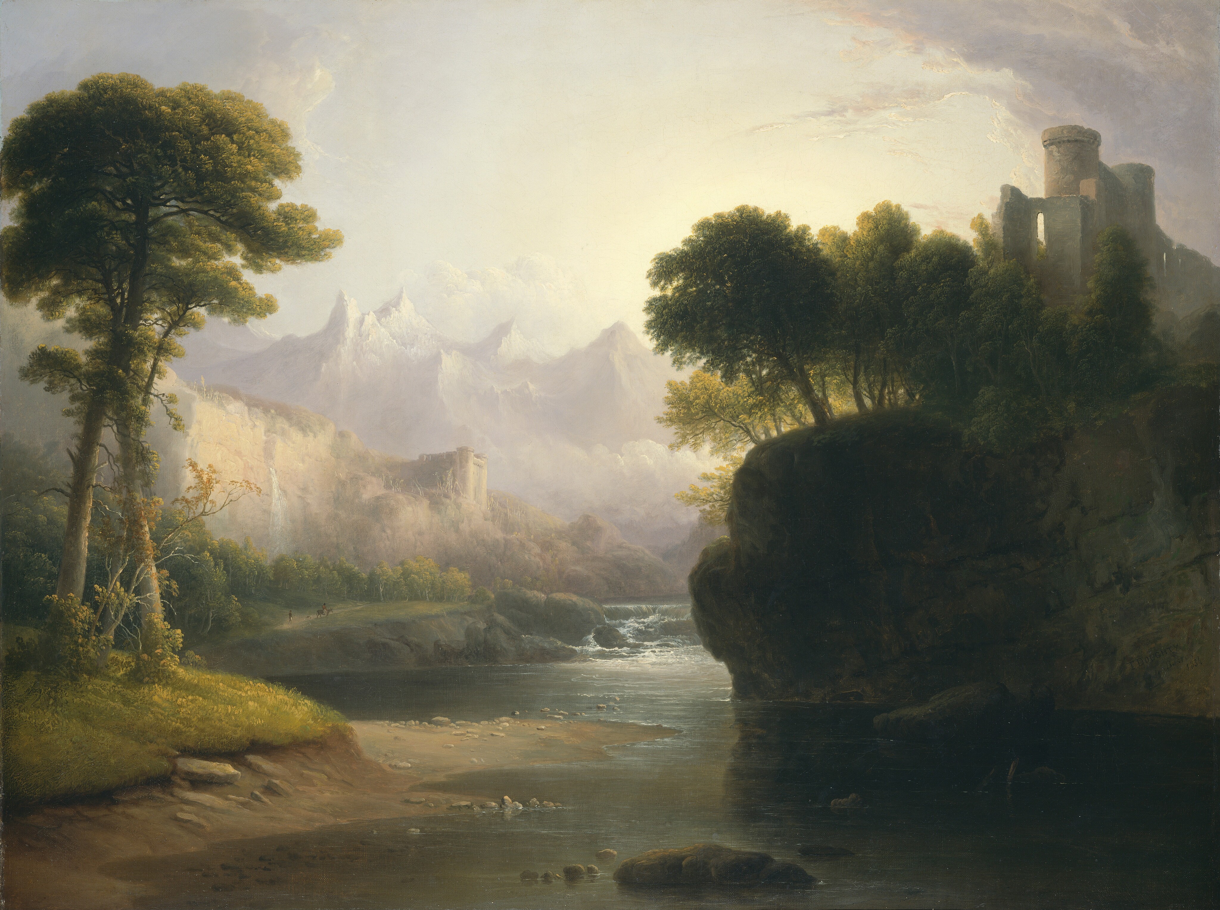 A wide, placid river winds through a hazy landscape with a grassy bank to the left and a sheer rock formation to the right in this horizontal painting. The water tumbles down step-like rapids near the center of the composition in the middle distance. To our right, a ruined building nestled among trees stands atop a rocky outcropping that extends about a third of the way across the painting. Two tall, spindly trees grow on a lower, grassy bank to the left. A waterfall pours from a narrow gap in more rocky cliffs to the left, farther back than the rapids. Craggy, pointed mountains are pale purple in the deep distance. In the top third of the canvas, smoky-purple clouds curve along the corners around a sky glowing pearl white. The artist signed and dated the painting as if he had inscribed the information on the base of the cliff near the lower right corner of the composition: “T. DOUGHTY BOSTON 1834.”