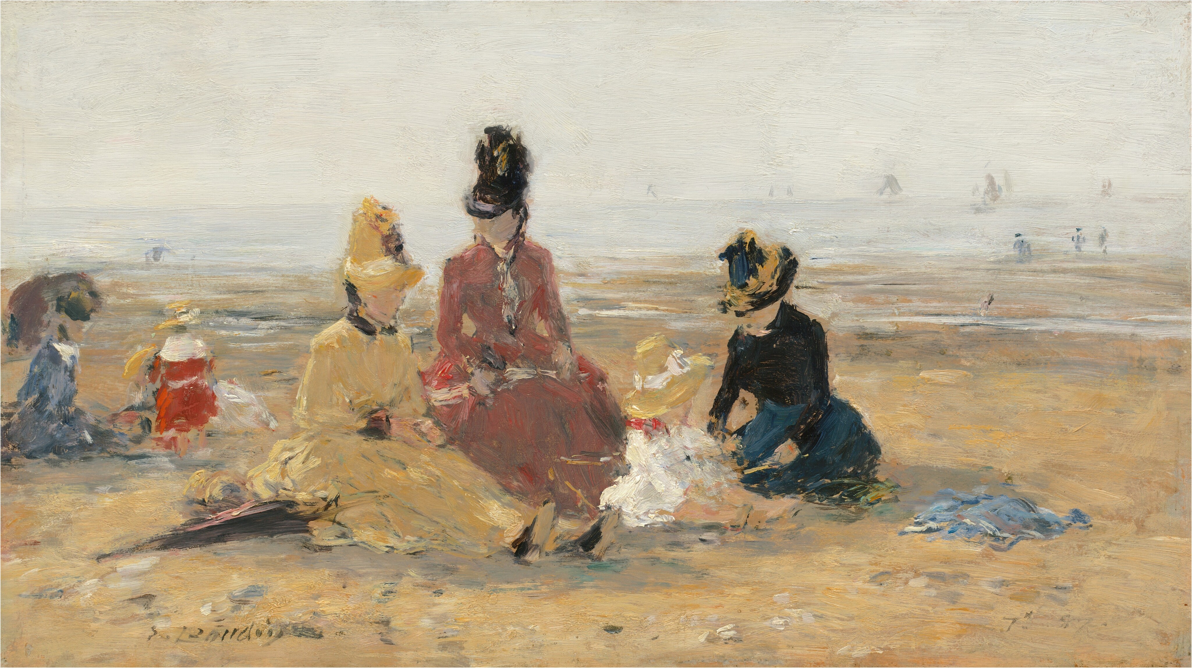 This is a painting of a seaside scene with people sitting on a sandy beach. In the center is a group of three women and one child. The women wear high-necked dresses and tall hats in shades of red, yellow, and pink. The child appears to wear a white dress and a yellow hat. The people all have pale skin and no visible facial features. On the left are two more people, a woman holding a parasol and a child in an orange dress. The background features a soft horizon that seamlessly blends the pale gray sea and sky. The small silhouettes of more people can be seen by the water in the distance. The brushstrokes in the painting are thick and visible, giving the scene a blurred appearance.