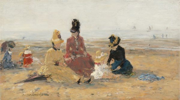 This is a painting of a seaside scene with people sitting on a sandy beach. In the center is a group of three women and one child. The women wear high-necked dresses and tall hats in shades of red, yellow, and pink. The child appears to wear a white dress and a yellow hat. The people all have pale skin and no visible facial features. On the left are two more people, a woman holding a parasol and a child in an orange dress. The background features a soft horizon that seamlessly blends the pale gray sea and sky. The small silhouettes of more people can be seen by the water in the distance. The brushstrokes in the painting are thick and visible, giving the scene a blurred appearance.