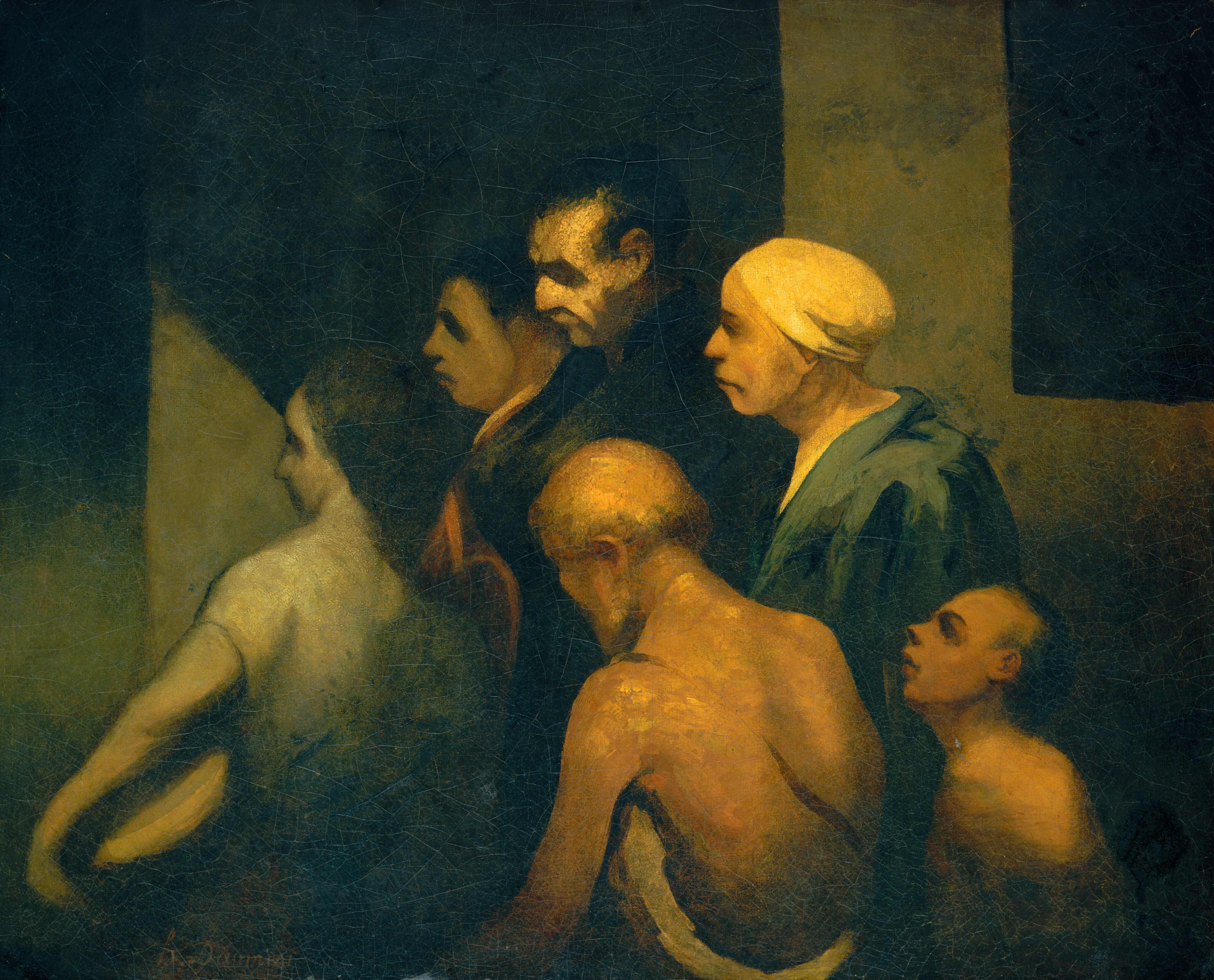 This painting shows six people standing closely together, facing the left, mostly seen from the waist up. The scene is heavily shadowed, and the facial features of the people are mostly made of dark lines. Most of them have downturned mouths, and they all have pale skin. The individuals appear to be a mix of men and women of a variety of ages. In the center appears to be an old, balding man with a bare torso. Behind him and to the right is a person with a white cap on their head and a blue cloak or jacket. In the back of the group, on the right, is a short person, perhaps a child, who also appears to have a bare torso. In the front of the group, on the left, there are three people who appear to have dark hair and simple clothing. The background is dark and shadowed, with some vertical lines and angles suggesting the gray walls of buildings. The scene is illuminated by a yellowish light.”
