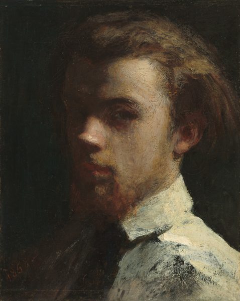 This painting shows a man's head and shoulders in a portrait. He is turned slightly to the left, looking out towards us. The left half of his face and torso are in shadow. On the right, we can see that he has pale skin, dark eyebrows, deep-set eyes, an upturned nose, and red lips in a neutral expression. His brown hair is tousled and mid-length, and he has a reddish-brown mustache and beard. He is wearing a light-colored, high-collared shirt with a dark tie. The background is black. The brushstrokes in the painting are thick and visible.