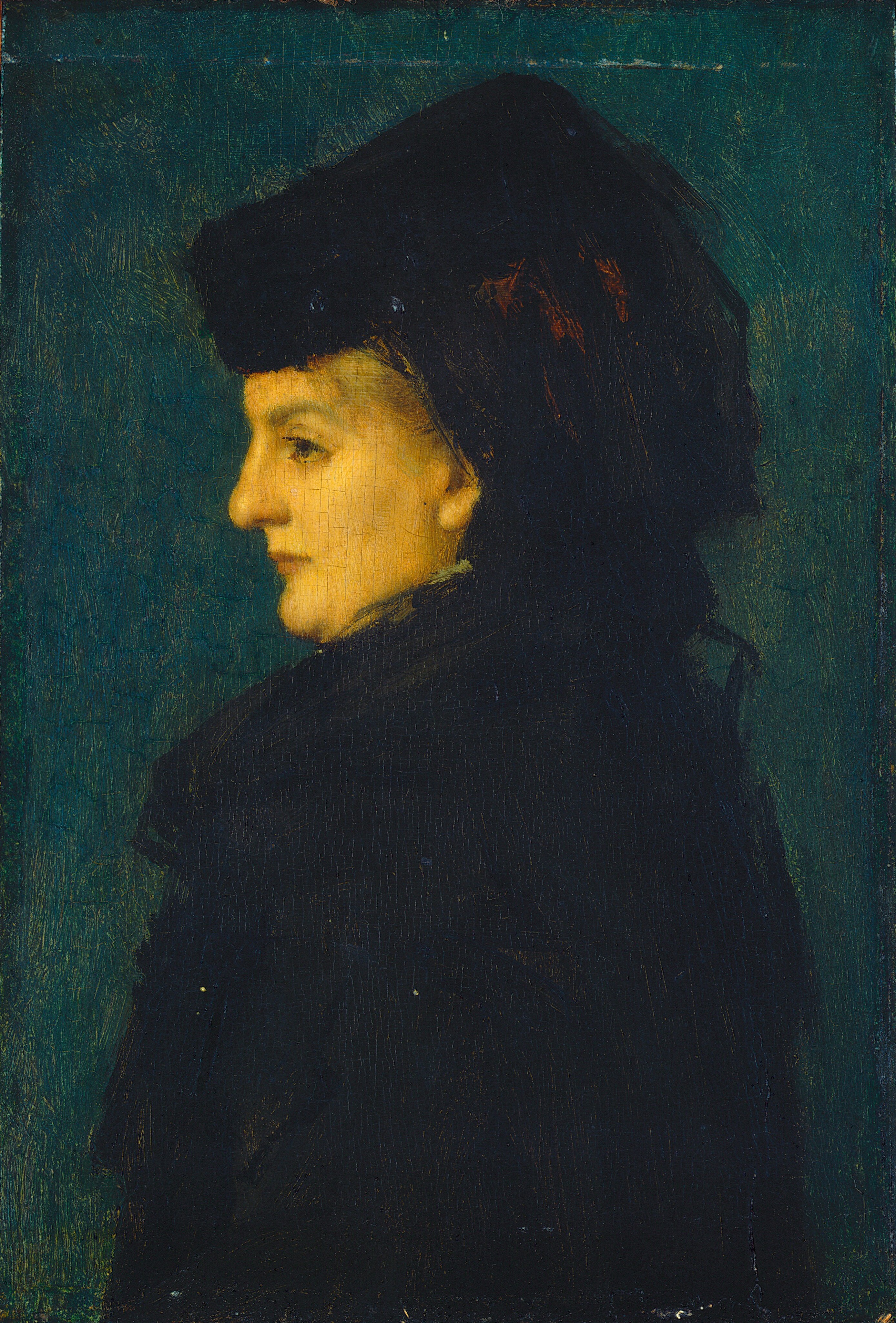 The image depicts the upper half of a woman's body shown in profile facing left. She has fair skin, a prominent nose, and closed lips. Her hair is covered by a dark headpiece, and she wears dark clothing that appears to be a cloak. The background is a muted greenish slate color. The woman is not wearing any visible jewelry or holding any objects.