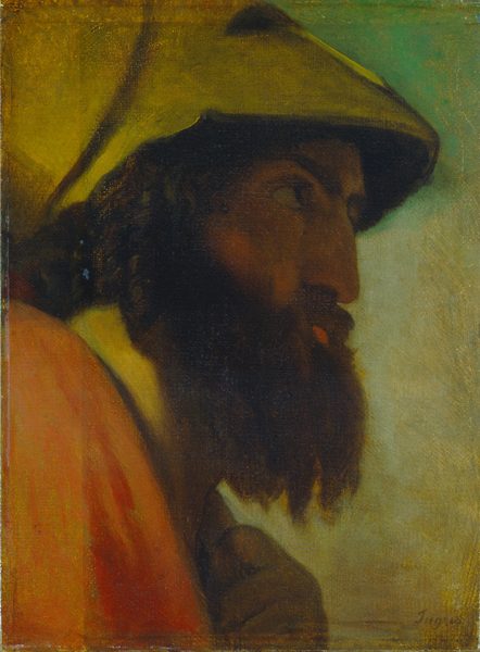 This painting shows a man's upper body and his face, seen from below. The man is positioned in profile, facing the right side of the painting. He has light brown skin, a long, straight nose, a thick, dark beard, and curly dark hair extending from under a yellow helmet that is tipped upward on top of his head. The man is wearing a warm reddish-orange garment, and his left hand is in shadow, clenched against his chest. The background is a muted blend of yellows and greens, and the signature "Ingres" is visible in the lower right corner of the artwork.