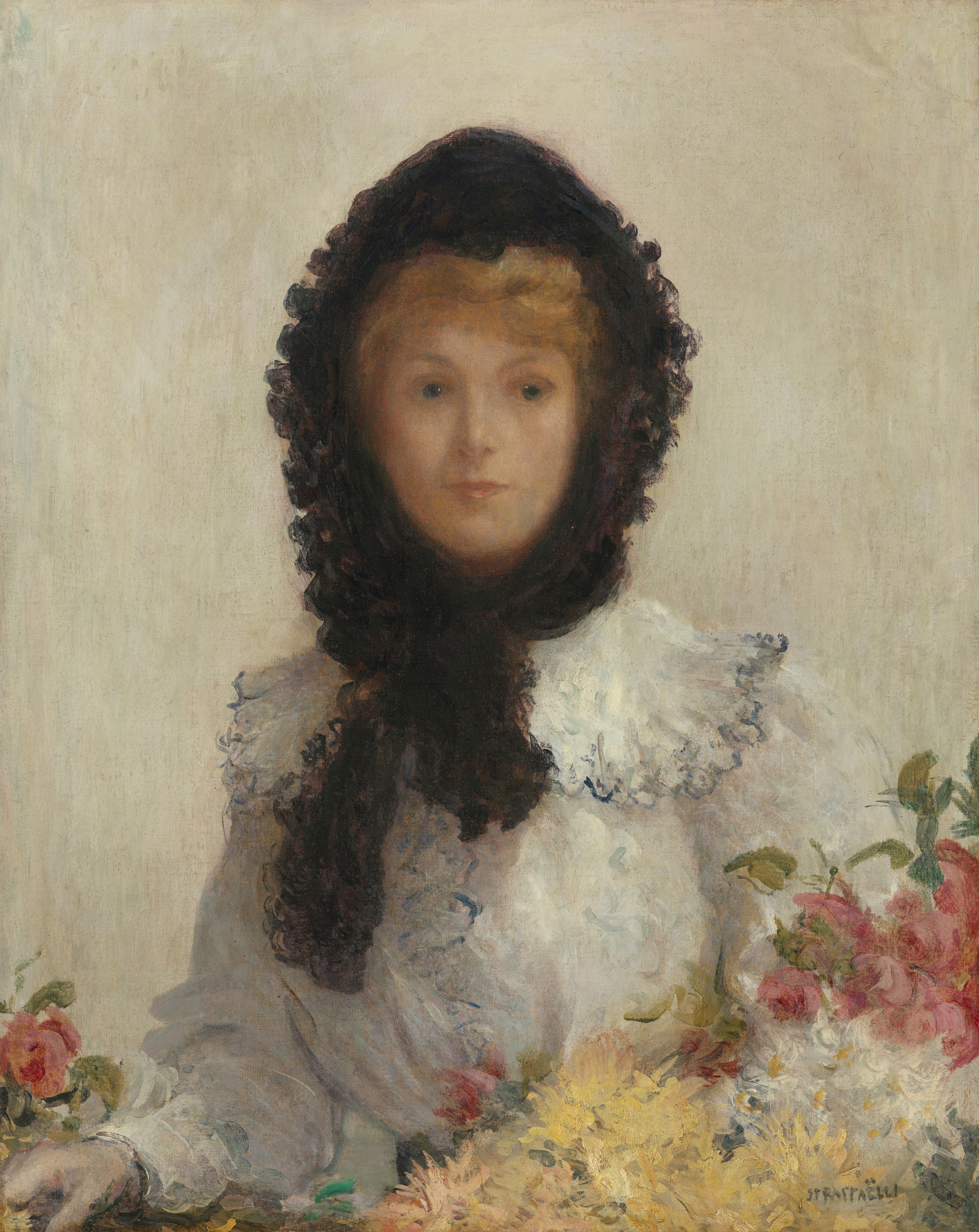 This painting is a portrait of a woman from the torso upwards. She is positioned facing us. Her features include a fair complexion with dark blue eyes, a soft nose, and light pink lips. Her hair is blonde and partly visible below a black frilly bonnet that frames her face and extends below her shoulders. She is dressed in a white blouse with ruffled lace detailing around the neckline and cuffs, edged with a dark blue color. Surrounding her waist at the bottom of the painting are colorful flowers in shades of yellow, white, and pink, with small green leaves. The background is a plain beige color.