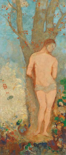 This painting displays a man standing upright, with his back against a tree. His hands are behind his back, and his face is turned to the right. He has pale skin, and his face is a mix of pale pink and light blue. He has short, reddish-brown hair, and he is nude except for a thin light blue cloth around his hips. He is pierced in several placed by thin arrows. The tree behind him is light gray, dotted with small, sparse red leaves. The ground below him is filled with colorful patterns, including green, red, orange, and blue tones against dark reddish-brown. There is a large patch of white on the left side. Behind the tree, the light blue sky is covered in thin, light gray clouds.