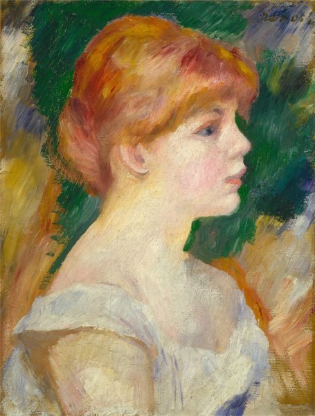 This painting shows a close-up side profile of a young woman facing the right, showing her from the chest up.  The woman has a fair complexion, rosy cheeks, and light pink lips. She has red hair styled up in a bun, with short bangs framing her face. She wears a white short-sleeved shirt or dress which hangs off her shoulders, with a hint of dark blue on her chest. The background is an abstract blend of greens, blues, yellows, and oranges without clear objects or scenery. The brushstrokes in the painting are light and feathery, especially those in the background.