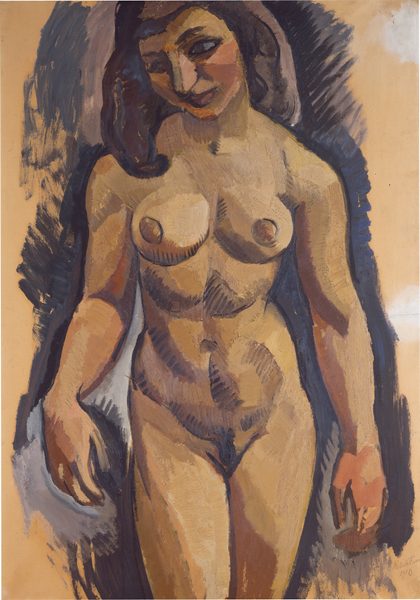 The image is a painting of a woman's nude upper body extending from her head down to her hips, depicted in a standing position with her head slightly tilted to one side. Her facial features are distinct with a strong brow, prominent nose, and full lips, and her long dark hair cascades down to her shoulders. The background features abstract brushstrokes in dark blues and browns, blending into the lighter brown tone of the canvas, enhancing the figure's prominence in the composition. The woman appears naturalistic, with no jewelry or other objects visible in the painting.