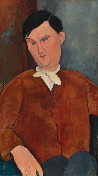 Shown from the lap up, a person with peach-colored skin sits facing us as he looks down and to our left in this vertical, stylized, portrait painting. The person’s clothing and features are outlined with thin black lines, and areas are filled in with mottled, streaked color painted with visible strokes. The person has a round face with a double chin and a small red mouth. The eyes are painted as slate-blue slivers under thin brows, one of which is cocked. The man’s short black hair is parted to one side and combed across the top of his head. He wears a white cravat tied at his neck under a rust-red jacket or shirt. Two rounded, muted blue forms below suggest crossed knees. The man’s right elbow rests next to his body, and that hand is near his lap. The background is painted with pecan brown on the left third and gray-blue on the right two-thirds.