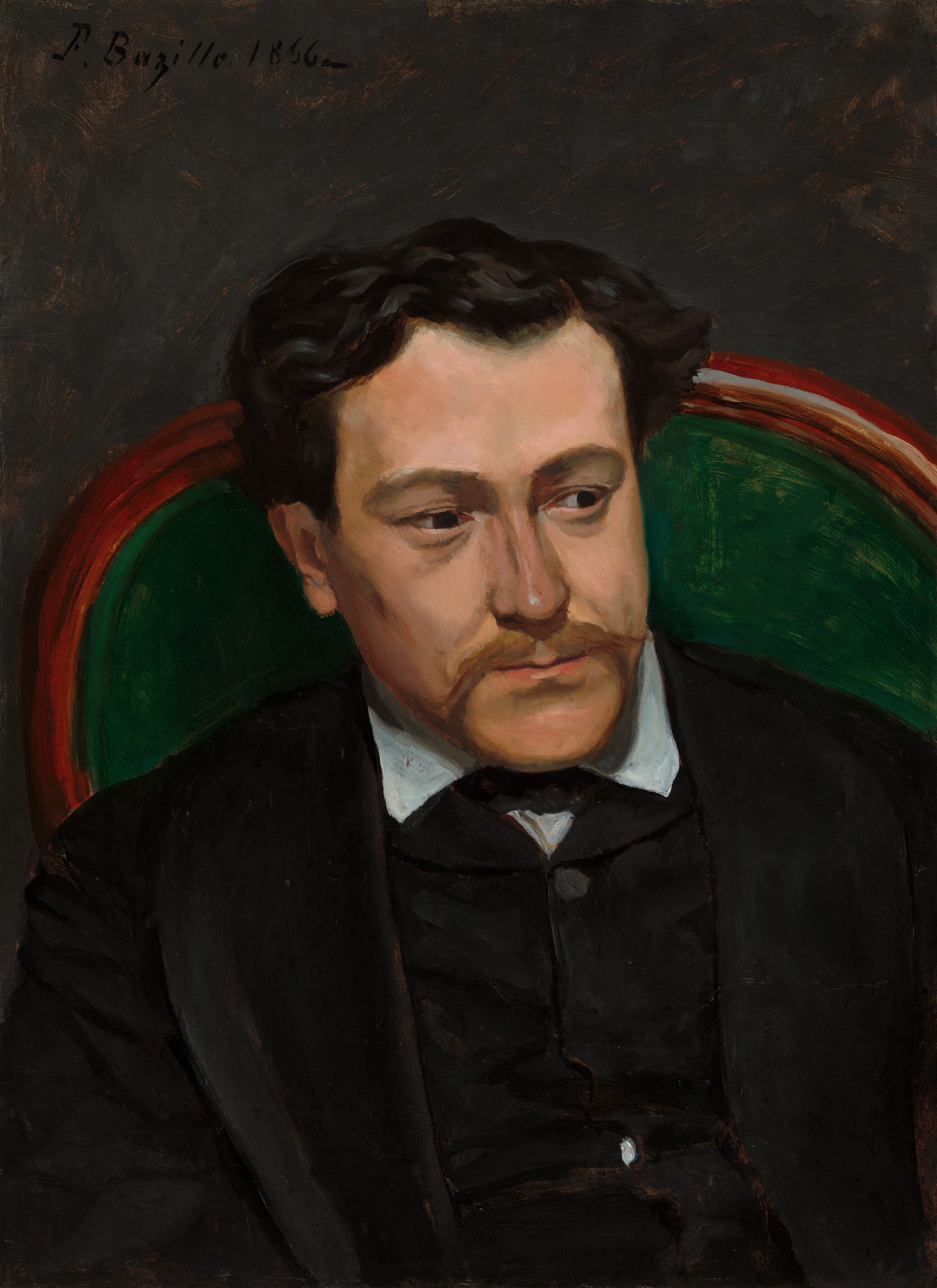 Shown from the chest up, a pale-skinned man in a suit sits in a high-backed chair, looking slightly to our right in this vertical portrait painting. His eyes and head are both turned slightly to our right, with only one ear visible on our left. His shoulder on our right and the right side of the chair are slightly cut off by the edge of the painting. He has a straight nose, high cheekbones, and pale pink closed lips. His eyes are dark, with small shadows beneath them. His black, wavy hair is parted on our right and cropped short on the sides of his head, with thick, defined waves on top. He has a light brown mustache that extends past the edge of his lips and flips up at the ends and a small, thin goatee. Beneath his chin, the collar of his white shirt is visible. The man wears an open suit jacket with a black vest, which folds slightly just below his chest, revealing a glimpse of his white shirt beneath it in a gap between buttons. The chair is only visible from the man’s shoulders up and ends at his forehead. It has a curved, round top back with a red frame and dark green upholstery. The part of the red frame on the right side of the painting has white and yellow highlights. The background is dark gray with visible brushstrokes. The artist signed and dated the painting at the top left, “F. Bazille. 1866.”