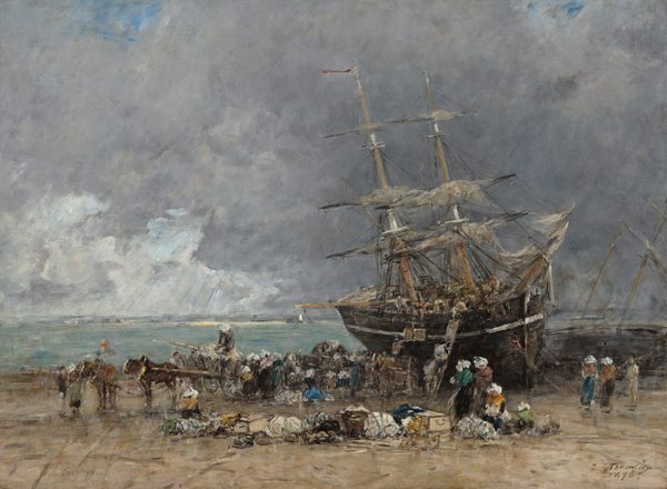 A two-masted ship with sails furled has been pulled onto a beach as dozens of people bustle on and around it in this horizontal landscape painting. The scene is loosely painted and many details are indistinct throughout. The ship dominates the right half of the composition, listing slightly to the left as the bow lodges in the sand. People working on the deck pass crates and goods down to others standing on a ladder or horse-drawn carriage pulled up alongside the hull. The women wear long brown, gray, or dark blue skirts, shawls in shades of golden yellow, marigold orange, dusky pink, or muted green, and white headdresses. The men’s clothing is earth brown and gray, and a few wear brick-red caps.  Three women and perhaps a child sit or stand to or right next to a line of goods in bundles, baskets, and crates that separate us from the line of activity closer to the shore. The horizon comes about a third of the way up the composition, and the ship’s masts thrust into a sky nearly filled with slate-gray clouds. A couple patches of vivid blue line the top of the painting, and white streaks in the distance to the left suggest sunlight pouring through another break in the clouds. The artist inscribed the site in the lower left corner, “Portrieux” and signed and dated the painting in the lower right corner, “E Boudin 1875.”