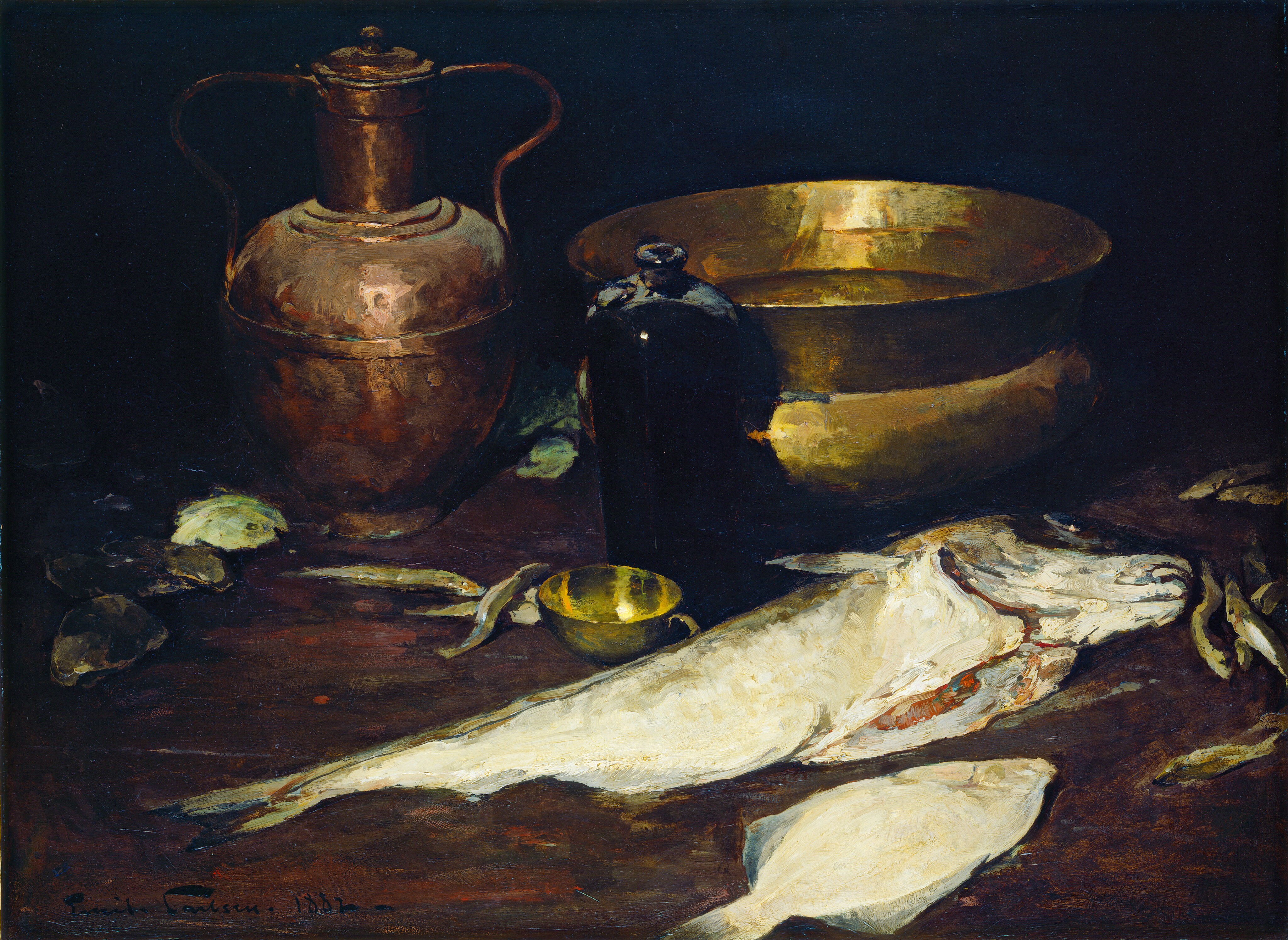 In this painting, there is a large, pale fish near the bottom right corner, accompanied by smaller fish. Behind them, there is a polished brass pot, a dark brown bottle, and a copper jug with two handles. The color palette includes rich browns, bronzes, blacks, and cream whites, with light reflections creating highlights on the metallic objects. Most of the background is dark, and the pale fish are the main focal point.