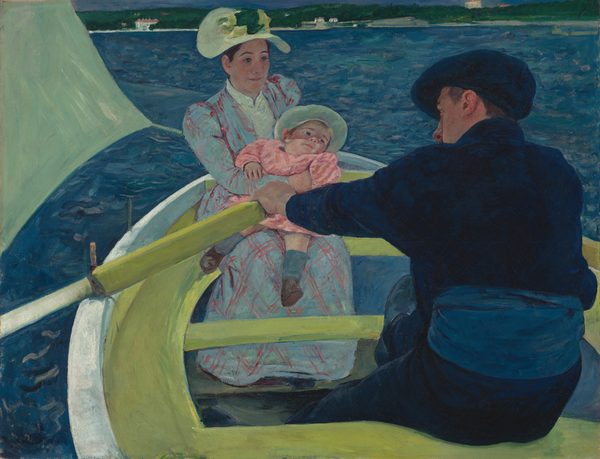 We look slightly down into a lime-green and white rowboat carrying a woman holding a baby and a man in this nearly square painting. The man wears midnight-blue shoes, pants, jacket, and soft, floppy cap. He sits with his back to us, bending forward to row the boat, which is cropped by the bottom edge of the canvas. The left side of his ruddy face is visible over his left shoulder. The woman and baby both have pale skin. The woman and baby sit across from the man, facing us to our left in the bow. The woman’s long-sleeved, sky-blue dress is crosshatched with pink lines. The baby leans back in the woman’s arms, and wears a pink dress, blue socks, and brown shoes. The wide-brimmed hats on both the woman and baby are painted pale celery green. They gaze toward or just past the man. The corner of the boat’s sail, also painted pale green, is pulled taunt by the wind to our left. Azure-blue water surrounds the boat up to the high horizon line, which brushes the top edge of the painting. The shoreline in the distance is lined with trees and dotted with white houses with red roofs.