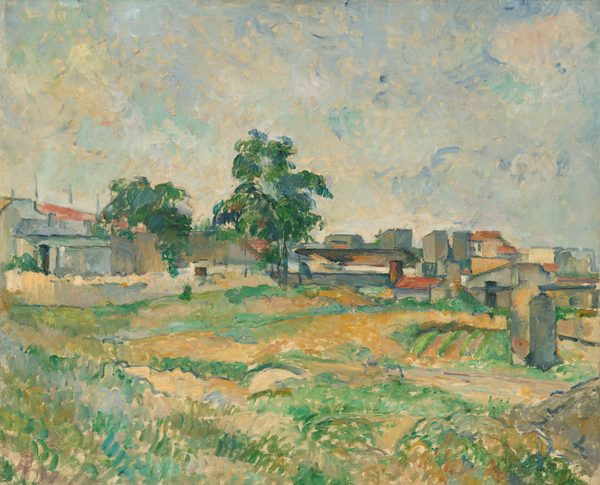 Across a grassy field, a row of buildings and two trees line the horizon, which comes about halfway up this nearly square landscape painting. The field is painted with visible brushstrokes of sage, moss, and mint green as well as caramel brown, parchment white, and turquoise blue. The trees, to our left of center, are painted with dark green. The buildings have charcoal-gray or terracotta-red roofs with cream-white or slate-blue walls. The sky above is painted with dabs and strokes of ice and baby blue, with areas of pale peach and ivory white to suggest clouds.