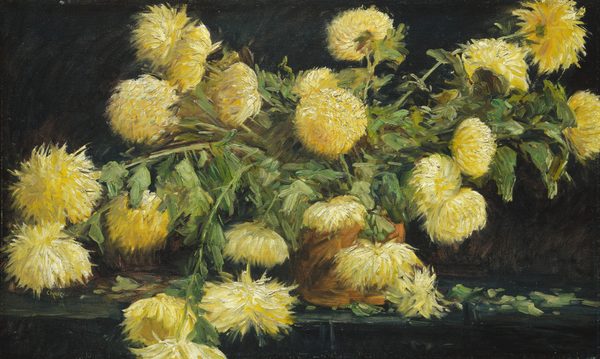 This painting shows a bouquet of large, fluffy yellow flowers with green leaves against a black background. The flowers are spread across the canvas, their long stems sitting in a yellow vase or basket. Many of them hang down toward the black surface below, which is littered with yellow petals and green leaves.