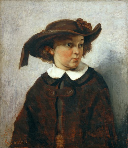 This painting depicts the upper half of a person's body. Their body is facing us, but their head is turned to the right in a three-quarters view, looking away from us. They have pale skin, ruddy cheeks, dark eyes, short, wavy brown hair, and pink lips in a neutral expression. They are wearing a broad-brimmed brown hat with a brown bow or flower on the right and a ribbon hanging down on the left, and they are dressed in a red-brown cloak with a large white collar over dark black and brown garments. The background consists of shades of light gray, with soft, visible brushstrokes.
