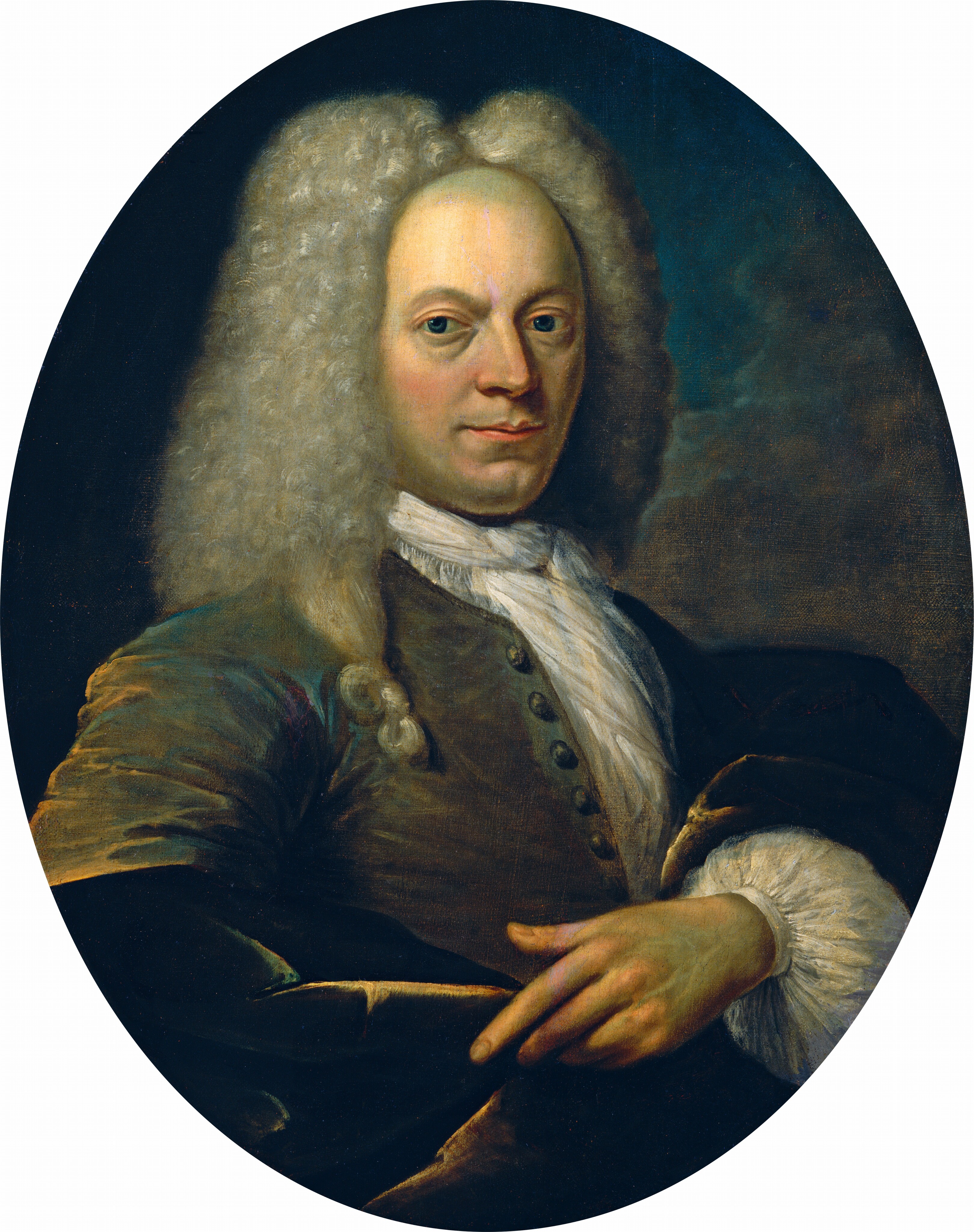 The portrait depicts a man facing slightly to the right, with his head turned towards the viewer. He has arched eyebrows, a pronounced nose, and a slight smile. He has long, curly, grayish-white hair falling to his shoulders. The man is dressed in a brown coat with buttons, along with a white ruffled cravat around his neck. His coat sleeves have white ruffled cuffs. One of his hands is visible, resting on his lap. The background is a mix of dark brown and green tones.