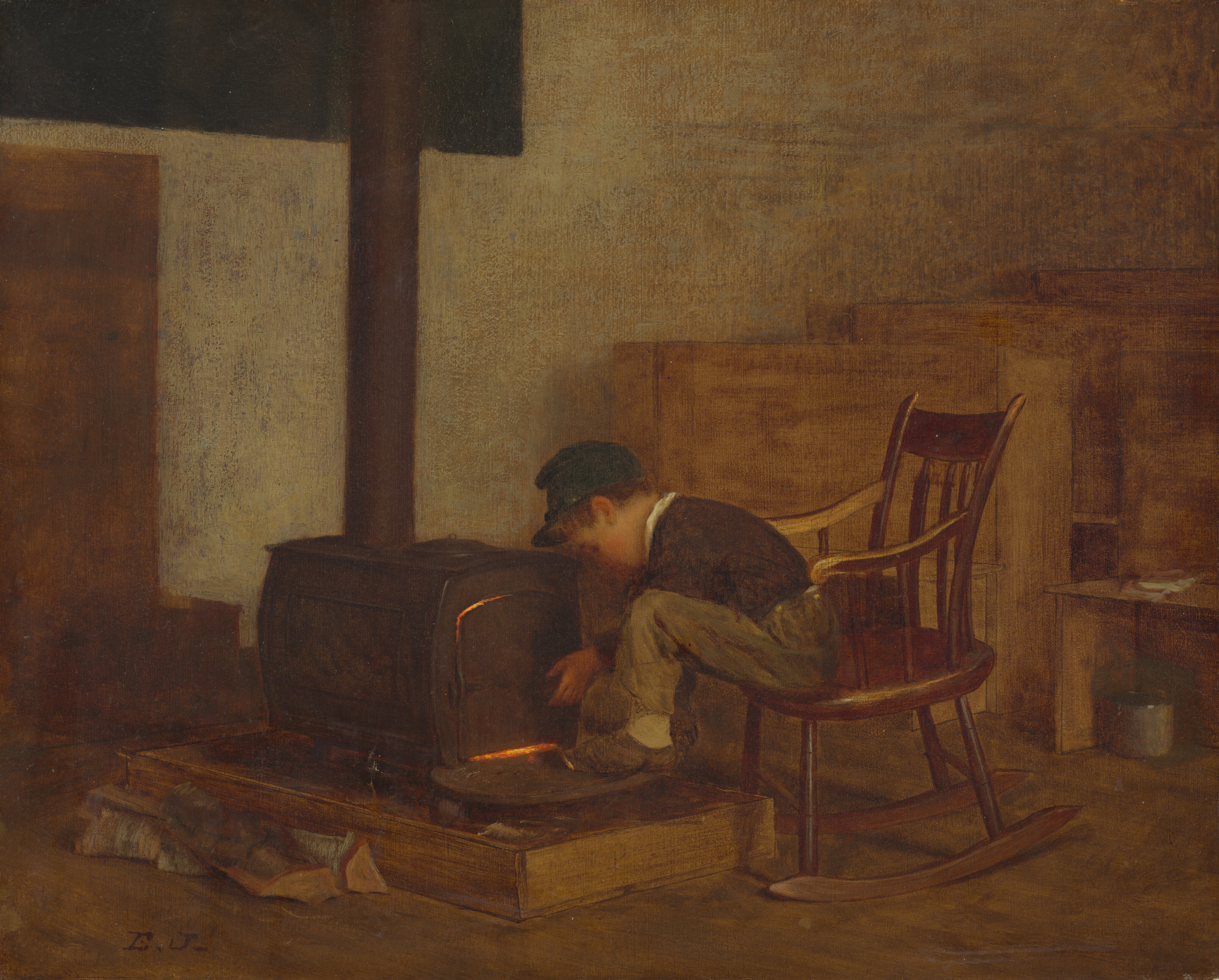 This painting shows a young boy sitting on a wooden rocking chair next to a dark metal stove. He is leaning forward with one arm extended towards the stove door, which is partially open, revealing bright orange light. The boy is wearing a dark cap, a brown long-sleeved shirt, and light-colored pants. His face is partially turned away, focused on the stove, but we can see his pale skin and rosy cheeks. Firewood is scattered on the floor around the stove. The background includes plain gray walls, and on the right are rows of what appear to be wooden desks.