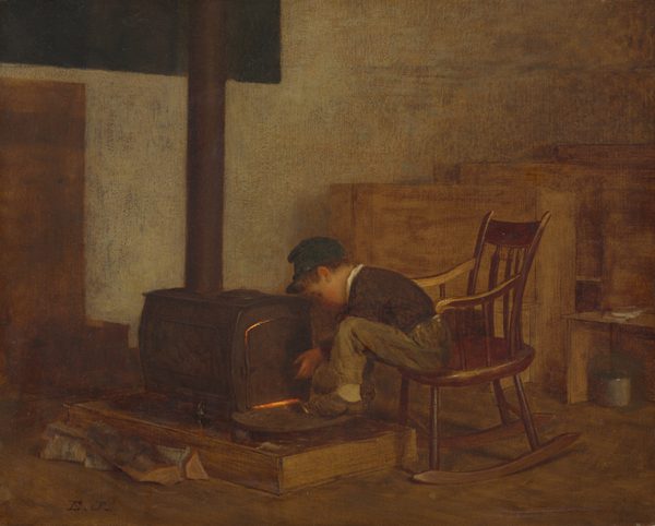 This painting shows a young boy sitting on a wooden rocking chair next to a dark metal stove. He is leaning forward with one arm extended towards the stove door, which is partially open, revealing bright orange light. The boy is wearing a dark cap, a brown long-sleeved shirt, and light-colored pants. His face is partially turned away, focused on the stove, but we can see his pale skin and rosy cheeks. Firewood is scattered on the floor around the stove. The background includes plain gray walls, and on the right are rows of what appear to be wooden desks.