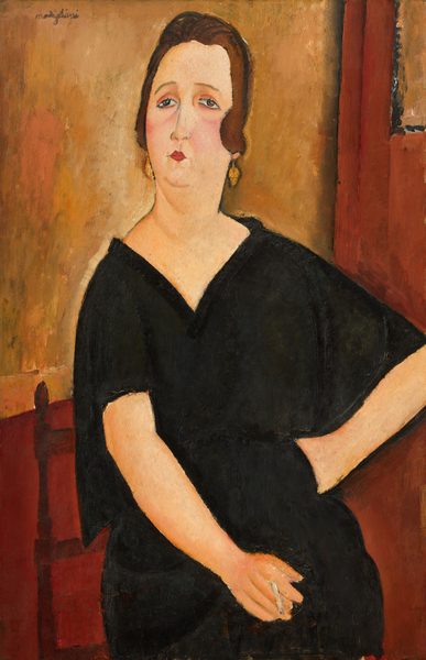 This painting shows a portrait of a woman, depicted from the thighs up. She is seated with her body and head facing forward. She has pale skin, rounded cheeks with a slight blush, a small, red mouth, thin eyebrows, and lined eyes that slant downward towards her ears. Her brown hair is styled in waves, framing her face. She is wearing a black dress with a V-neck, and in her ears are dangling gold earrings. Her left hand is on her hip, with her right resting on her crossed legs, a cigarette between her fingers. She is sitting on a red wooden chair, and the background is a vibrant red color with earthy yellow sections in the top left and right corners.