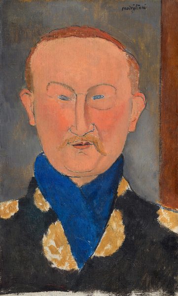This painting is a portrait showing a man from the chest up. The man's facial features are flattened and simplified, and he has pale skin with slightly blushing cheeks, narrow blue eyes, thin, arched eyebrows, a blond mustache, and short, light brown hair. Lines on the bridge of his nose and under his left eye suggest a pair of barely visible glasses. He is wearing a black garment with round tan patterns and a bright blue scarf. The background is mostly gray with a vertical stripe of brown on the right side. The brushstrokes are visible in the painting, especially those in the background. There is a signature on the top, near the top right corner.