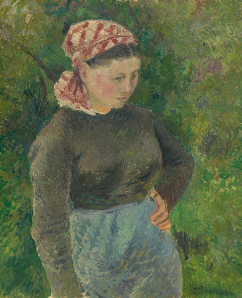 This painting features a woman standing, with her body slightly turned to the right and her head facing downward. She has light skin, pink cheeks, and dark hair partially covered by a red-and-white patterned head scarf. Her face is in a neutral expression, and her left hand is on her hip. She is wearing a dark, long-sleeved shirt and a light blue skirt. The background is entirely made up of dense green leaves with some brown branches. The brushstrokes in this image are visible, giving a feathered texture to the painting.