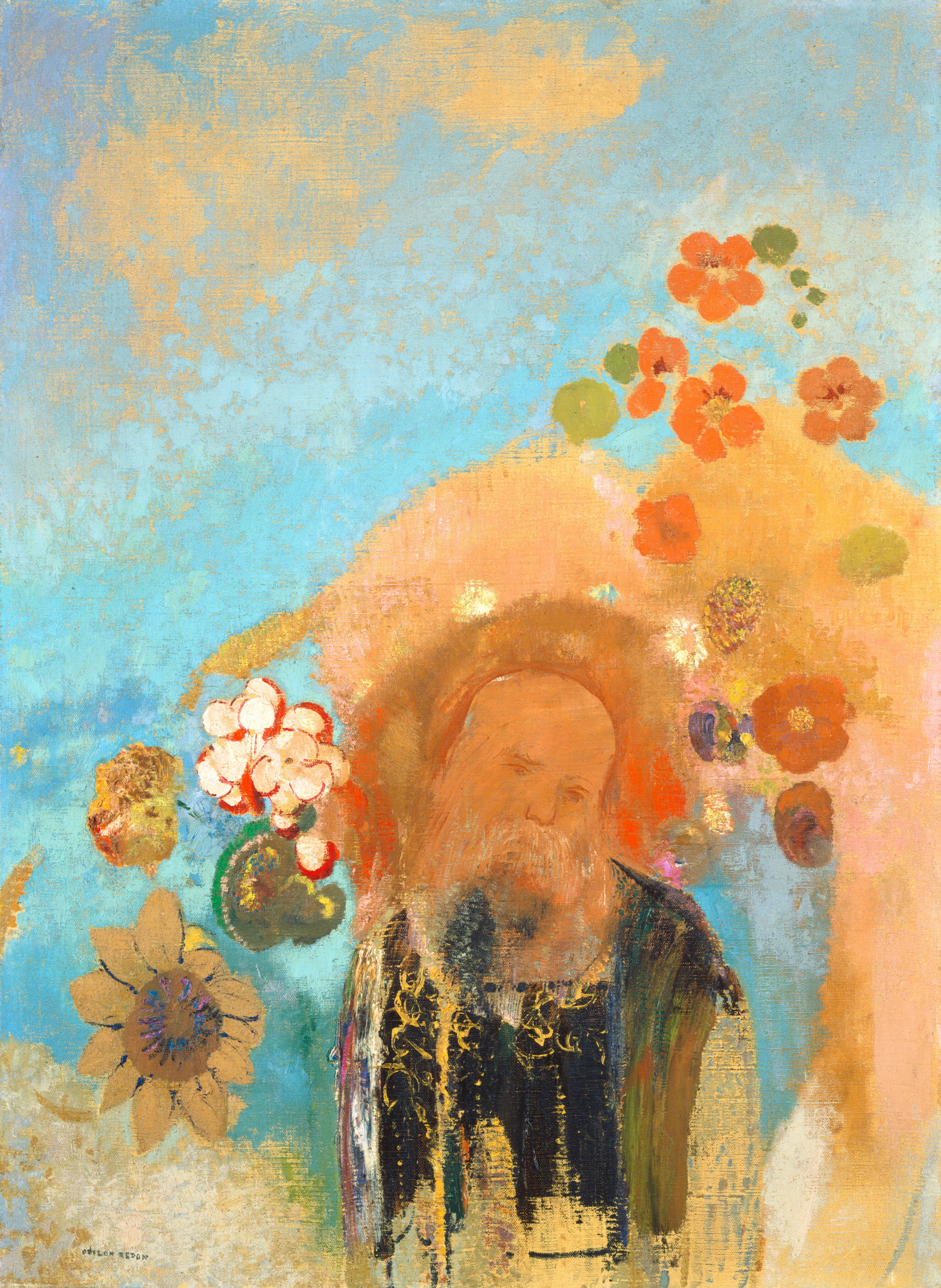 A balding man with peach-colored skin and a drooping white mustache is surrounded by flowers floating in a blue sky with apricot-colored clouds in this vertical painting. He is shown from the waist up facing us at the bottom center. He seems to wear a midnight blue tunic over a white shirt, but his clothing is loosely painted. He looks down to our right, and his head is surrounded by an area of brownish gold to create a halo-like effect. Upon closer inspection, the peach clouds turn out to be areas of bare canvas. A sunflower, orange flowers, and a cluster of white and red flowers float in the space around the man. Some areas are thinly painted, and strokes are visible throughout.