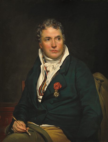 This painting is an upper-body portrait of a seated man. His body is turned to the left, while his face is turned to the right. His facial features include a fair complexion with a ruddy glow on his cheeks, prominently arched gray eyebrows, gray eyes, and pink lips that appear to be uneven, with the left side higher than the right side. His hair is short, gray, and wavy. The man is dressed in formal attire, wearing a dark green-blue coat over a white waistcoat and a white cravat around his neck, with a striped yellow, red, blue, and white shirt peeking out around his collar. He has a red flower pinned to his lapel, and hanging from it is a gold-and-white medal shaped like a star. He holds a quill pen in his right hand, resting it on an olive-green cloth spread across his knees. The background is dark gray, with a hint of a reddish wooden cabinet or chest in the bottom right and a gray cloth or coat hung on the right.