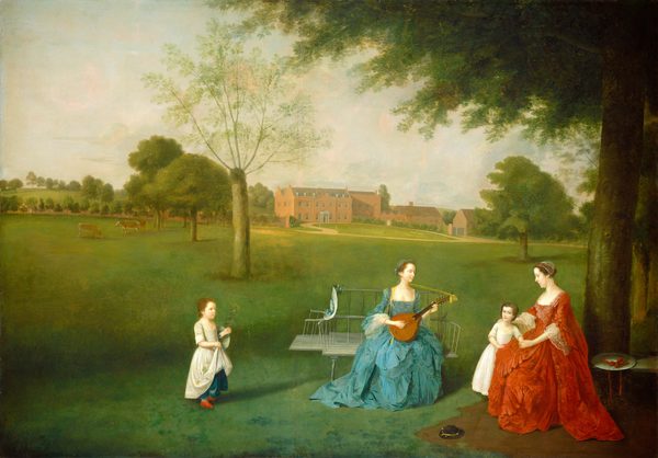 The painting depicts two women and two children. In the center, a woman sits on a bench, her body facing us and her head turned to the right. She plays a lute-like instrument. Her brown hair is styled with a ribbon, and her attire consists of a blue gown with ruffles. A hat with a blue ribbon hangs next to her on the bench. On the right, a child in a white dress stands next to a woman in a red dress adorned with lace, who is seated on a low bench. Her hair is styled beneath a lace cap, and a hat with a red ribbon is on the bench to the right. On the ground between the women is a small black hat. On the left is another child with short hair, wearing a white dress with blue underskirts and red shoes. This child faces the right, walking towards the group, holding a tall flower, with more flowers gathered in their skirts. All of the people have pale skin and brown hair. The background is a landscape with green grass, tall trees, and grazing brown cows. In the distance on the right, a red-brick mansion is partially obscured by trees. The sky above is light blue.