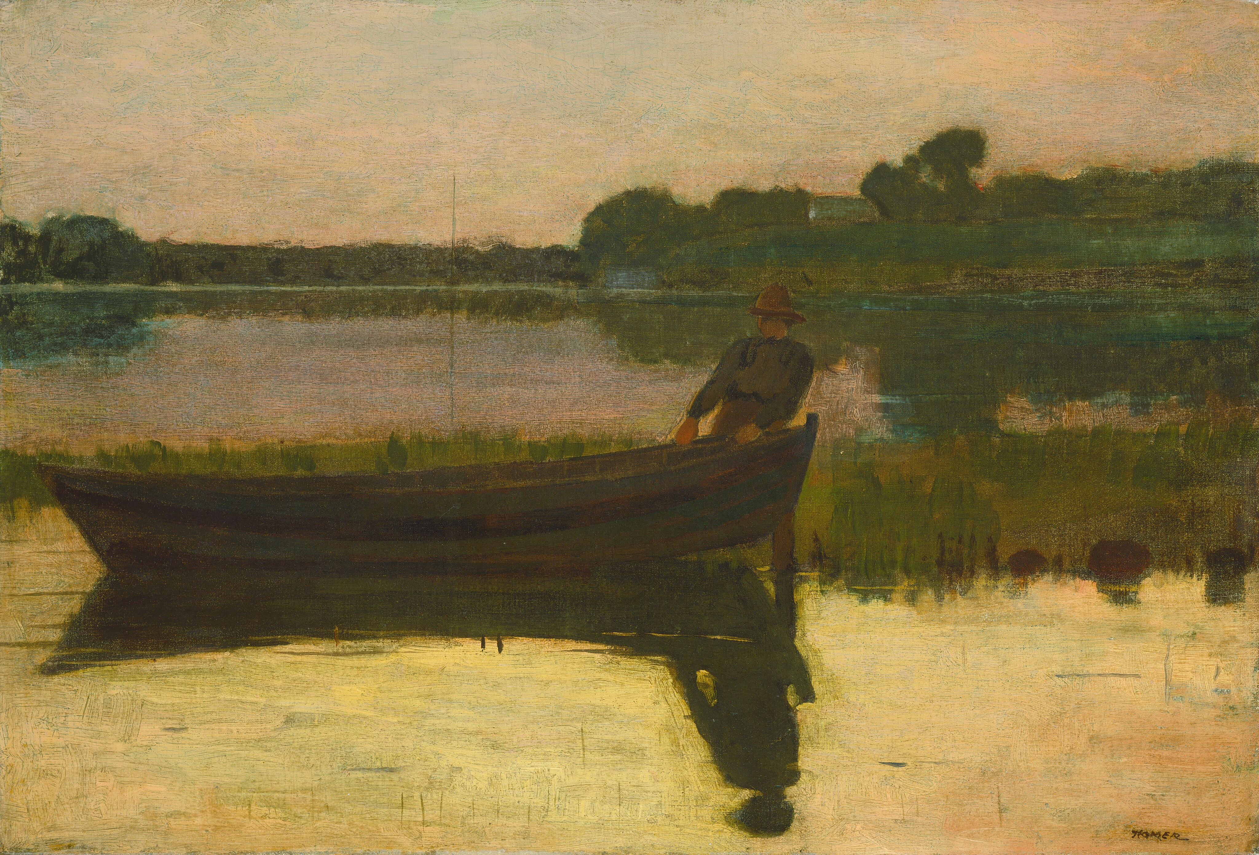 In this painting, a person appears to pull a long brown-and-green canoe out of the water and onto a grassy stretch of land. The person wears a hat and a green shirt with brown trousers, and their face is indistinct. The water closest to us is light yellow and reflects the dark shadow of the person and the boat. Behind the small area of land that the person stands on is another body of water, leading to tree-covered land in the distance. The water in the distance is blue with streaks of pink and reflections of green trees. The sky above is light blue with areas of light peach and pink.