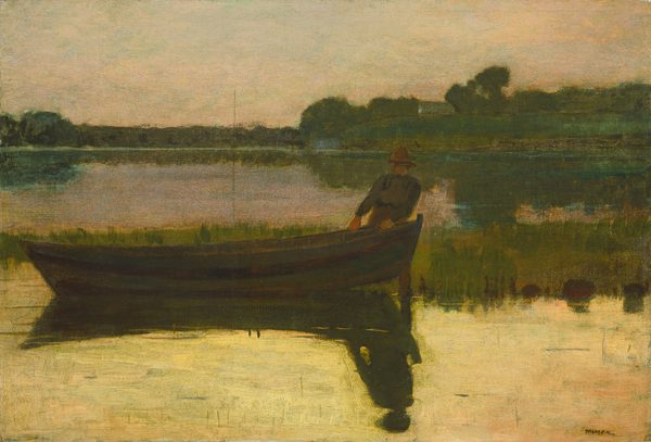 In this painting, a person appears to pull a long brown-and-green canoe out of the water and onto a grassy stretch of land. The person wears a hat and a green shirt with brown trousers, and their face is indistinct. The water closest to us is light yellow and reflects the dark shadow of the person and the boat. Behind the small area of land that the person stands on is another body of water, leading to tree-covered land in the distance. The water in the distance is blue with streaks of pink and reflections of green trees. The sky above is light blue with areas of light peach and pink.