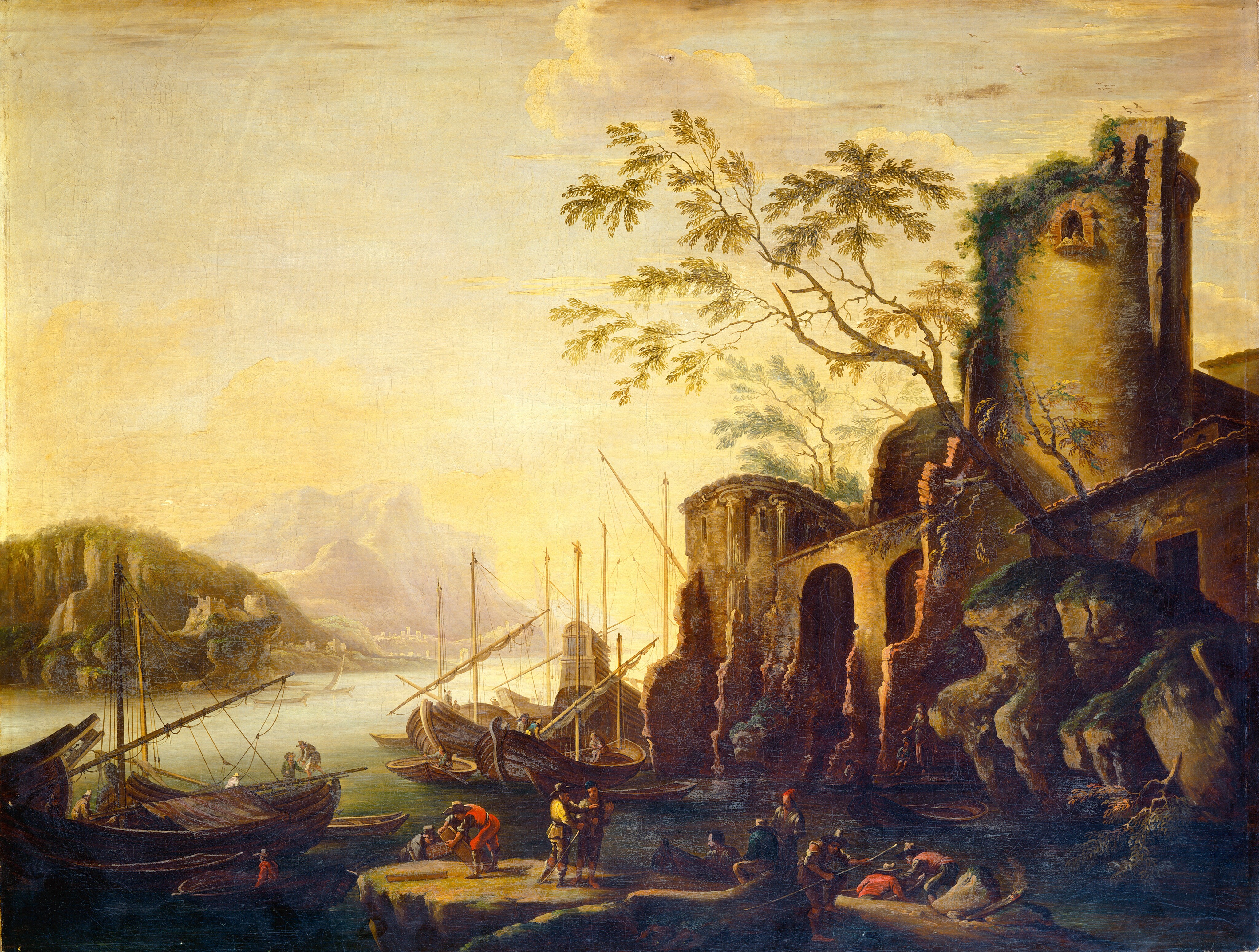 This painting depicts a harbor scene from an elevated viewpoint, overlooking moored boats with people sitting in them. On the right is a tall, pale-yellow building with arched doorways and a large towner, partially covered with green vegetation, next to a pile of large gray rocks. At the bottom of the painting, several people stand on a rocky platform, some carrying wooden boxes or barrels. The people wear clothes in shades of red, yellow, and brown, and more people can be seen in small boats on the water nearby. In the distance, past the light-green water, gray and green cliffs rise up, dotted with small gray buildings. The sky above is pale yellow, with light gray clouds floating at the top of the painting.