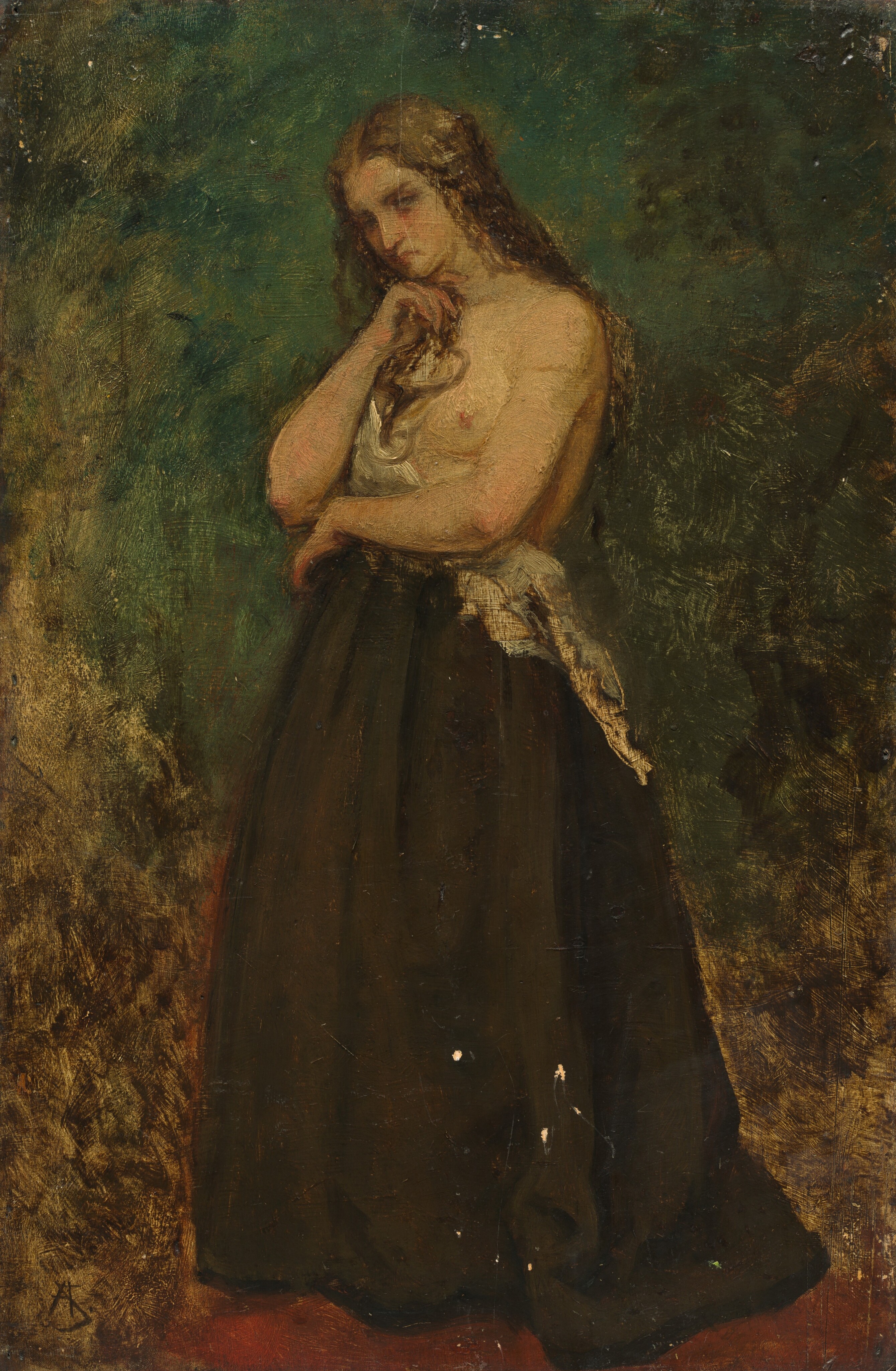The painting features a woman standing, slightly turned to the left. Her right arm is bent, and her chin is resting on her hand. Her other arm is wrapped around her waist. She has pale skin with rosy cheeks, a long nose, and a mouth that seems to be set in a slight frown. She has long wavy brown hair that falls over her shoulder and down her back, and is wearing draped white fabric across her chest, exposing one of her breasts. Below that she is wearing a long, dark skirt. The background is a blend of earthy green and brown tones.