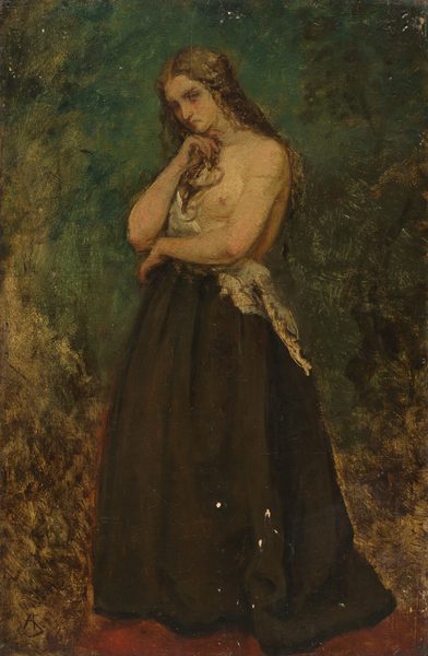 The painting features a woman standing, slightly turned to the left. Her right arm is bent, and her chin is resting on her hand. Her other arm is wrapped around her waist. She has pale skin with rosy cheeks, a long nose, and a mouth that seems to be set in a slight frown. She has long wavy brown hair that falls over her shoulder and down her back, and is wearing draped white fabric across her chest, exposing one of her breasts. Below that she is wearing a long, dark skirt. The background is a blend of earthy green and brown tones.