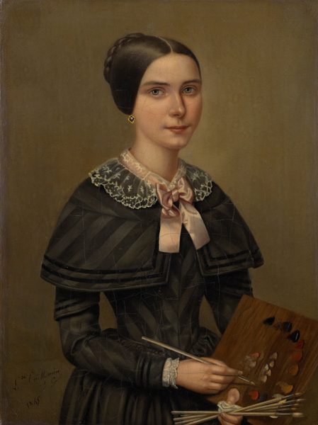 The image depicts a woman sitting upright with fair skin and dark hair styled in a bun. She is wearing a dark striped dress with a lace collar and a pink bow. The woman is holding a wooden artist's palette with paint and a paintbrush. Her expression is subtle and focused.