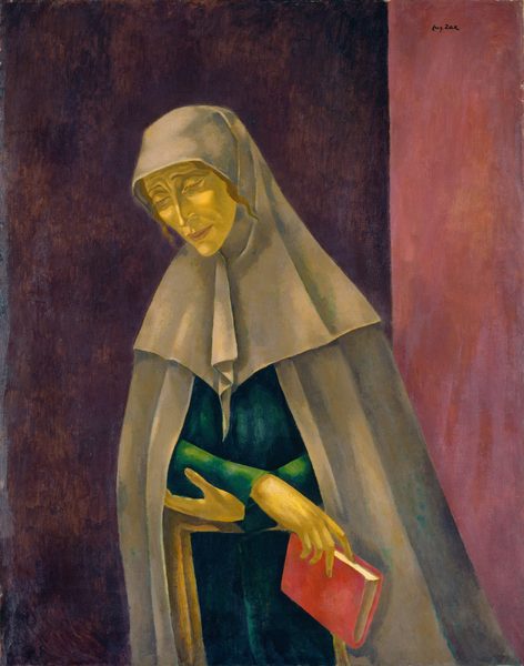 The painting depicts the upper body of a person shown from the waist up. The person is positioned slightly hunched forward, with a gentle bend at the waist, their face tilted downwards and their eyes directed down. Their facial features are painted in a stylized manner with a yellowish tone, and they appear to have delicate, elongated features, with closed eyes and a serene expression. The individual has long hair that appears to be tucked under a covering. They are dressed in a modest, loose-fitting green garment covered by a gray cloak with a hood that drapes over their head and shoulders. In their hands, they are holding a red book. The background is composed of rich dark shades of purple and maroon, with an abstract texture that contrasts with the figure's lighter clothing, enhancing the central focus on the figure.