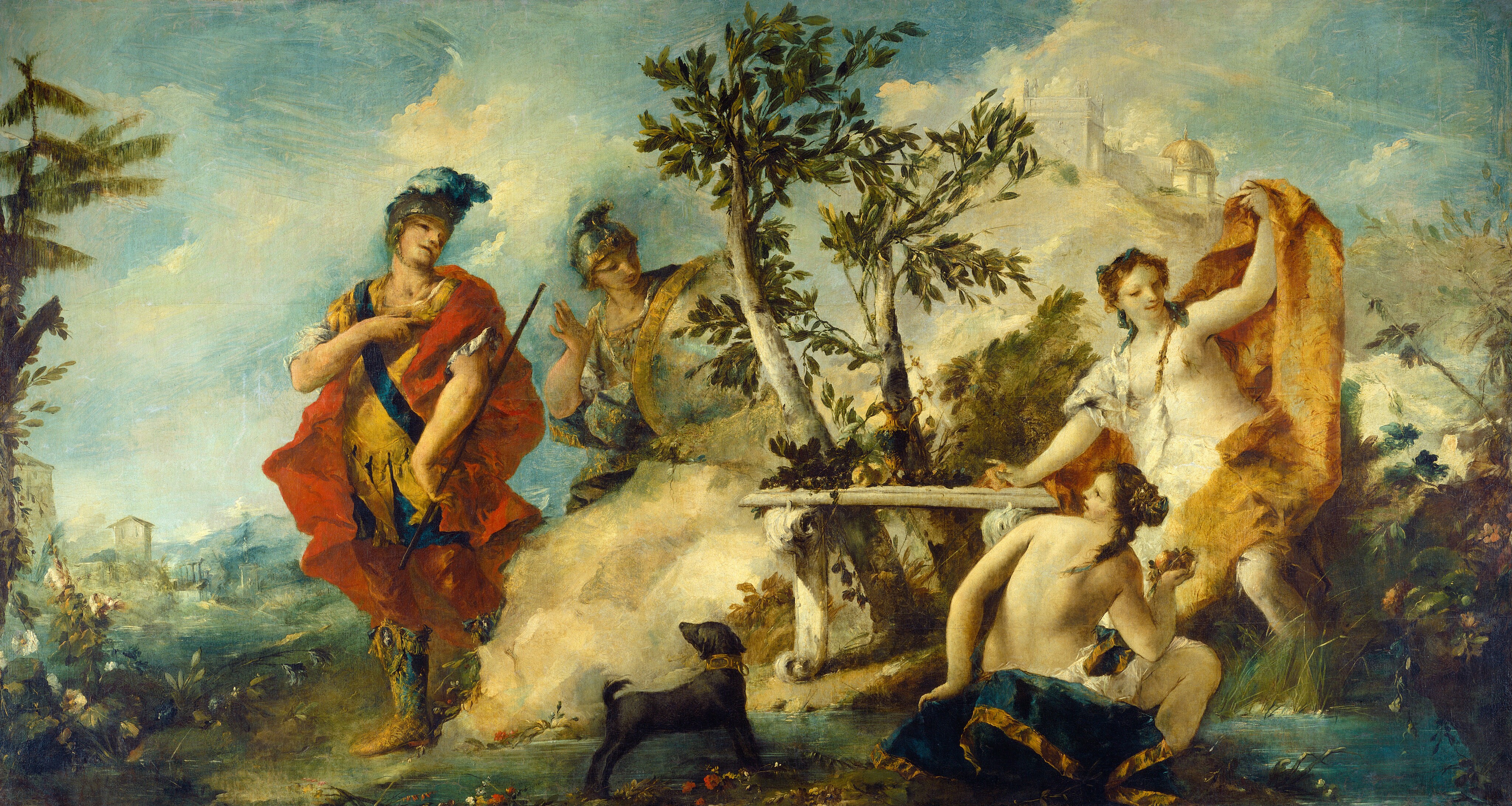 This painting shows four people on a wide landscape. The leftmost person has light skin and wears a vibrant red cloak, a yellow tunic, and a helmet with a blue plume. They hold a long wooden rod and look towards the people on the right. Next to them is a person with light skin wearing a flowing garment of white and blue with gold details and a blue helmet with a gold rim. They hold a large circular silver shield with gold rim. On the other side of a boulder and two small trees are two mostly nude female figures with light skin and long, braided hair. Next to them, below the trees, is a white bench covered with fruit and an ornate pitcher. One of the women stands, partially covered by white fabric, and holds up a flowing golden cloth. The other woman sits by the edge of a blue pool with blue and gold fabric underneath her, holding an apple and looking towards the two people on the left. A small black dog stands between the two groups. In the background, a wide blue sky stretches in the distance, covered with soft clouds. The landscape is mostly a blue-green color, with some small flowers in white, red, and pink. Small white buildings and columns are visible in the distance on the left, and on the right a white castle with a golden dome sits at the top of a while hill.